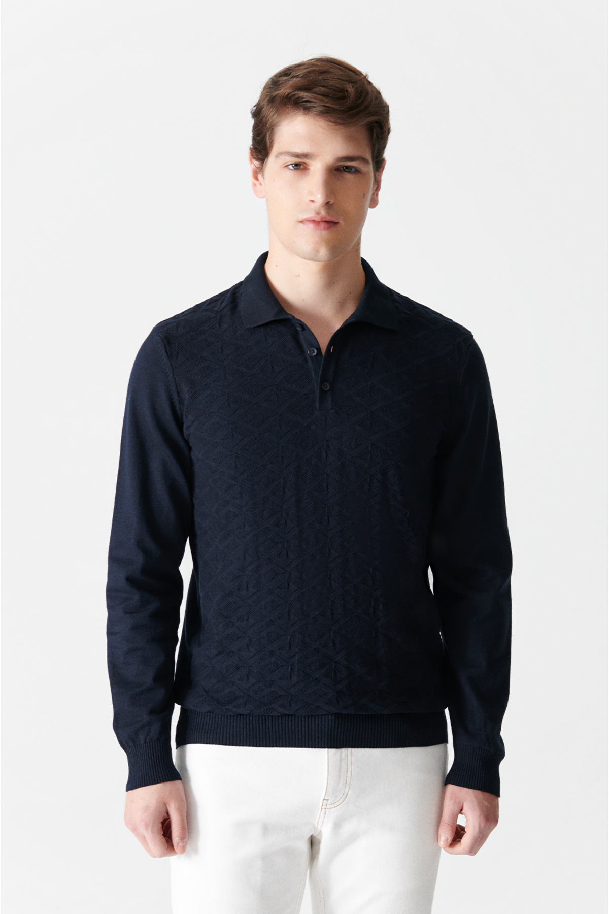 Men's Navy Blue Polo Neck Jacquard Sweater A12y5122