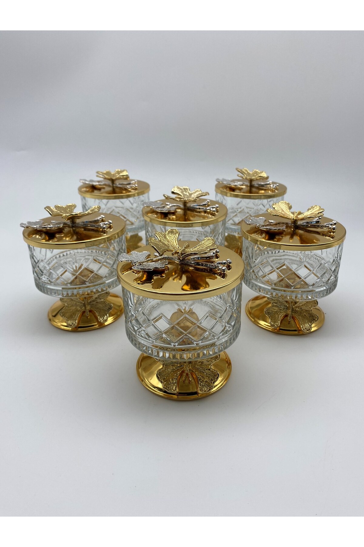 6-Piece Gold Timeless Glass Magnolia Bowl with Butterfly Lid, Ice Cream Dish, Sugar Bowl, Snack Bowl