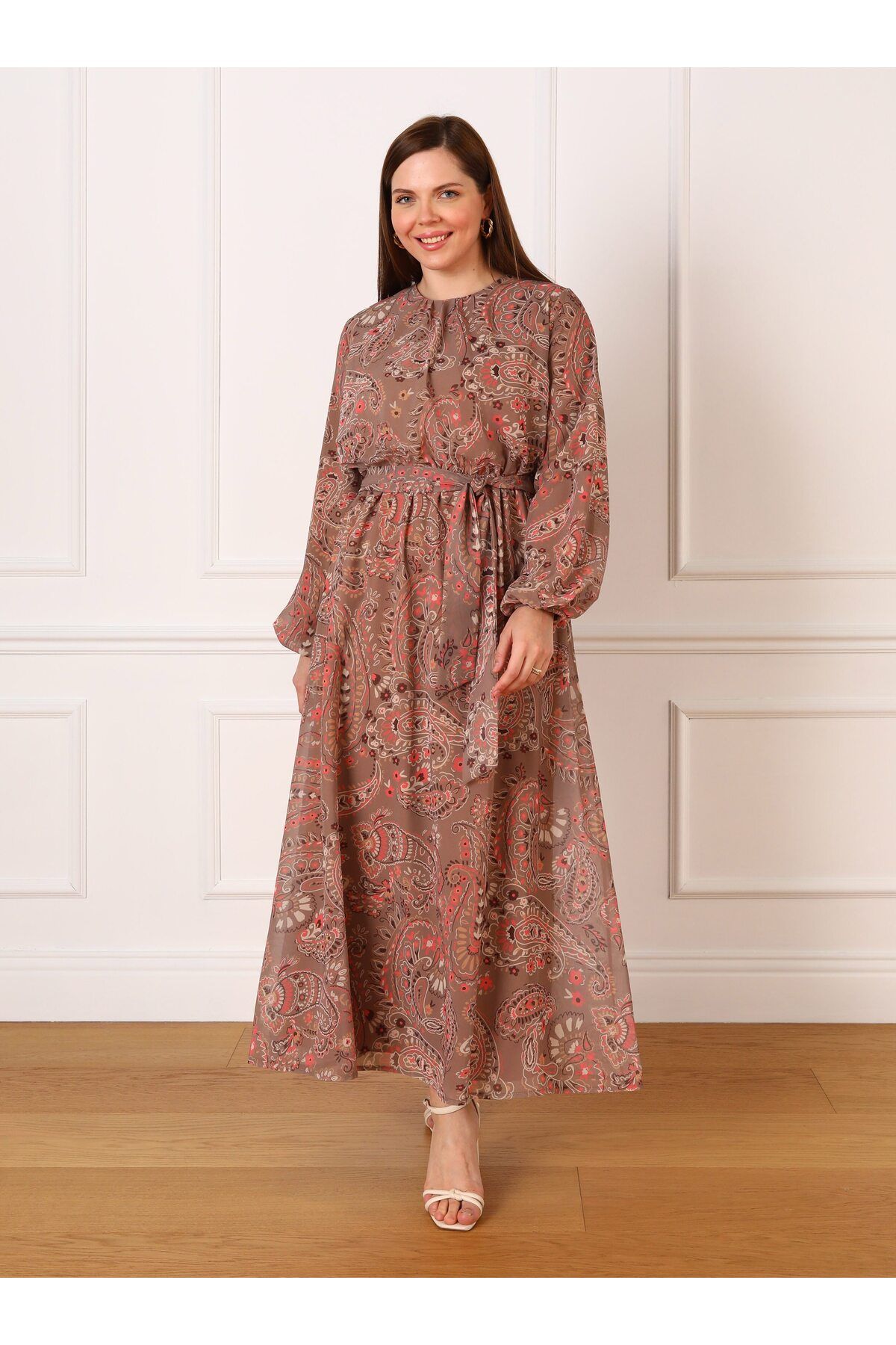 ALİA-Plus Size Chiffon Dress - Shawl Pattern, Camel Color - Alia 5