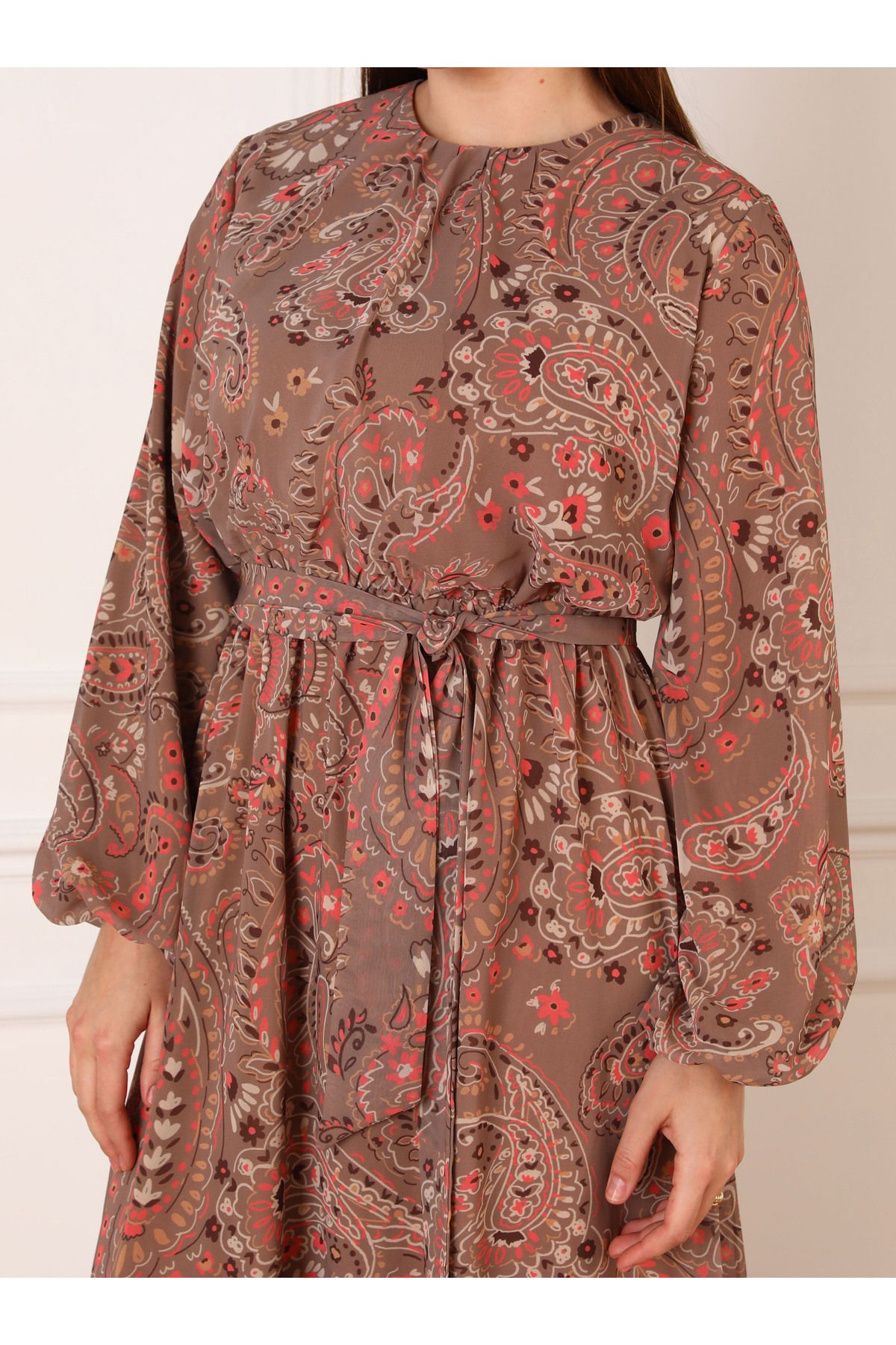 ALİA-Plus Size Chiffon Dress - Shawl Pattern, Camel Color - Alia 3