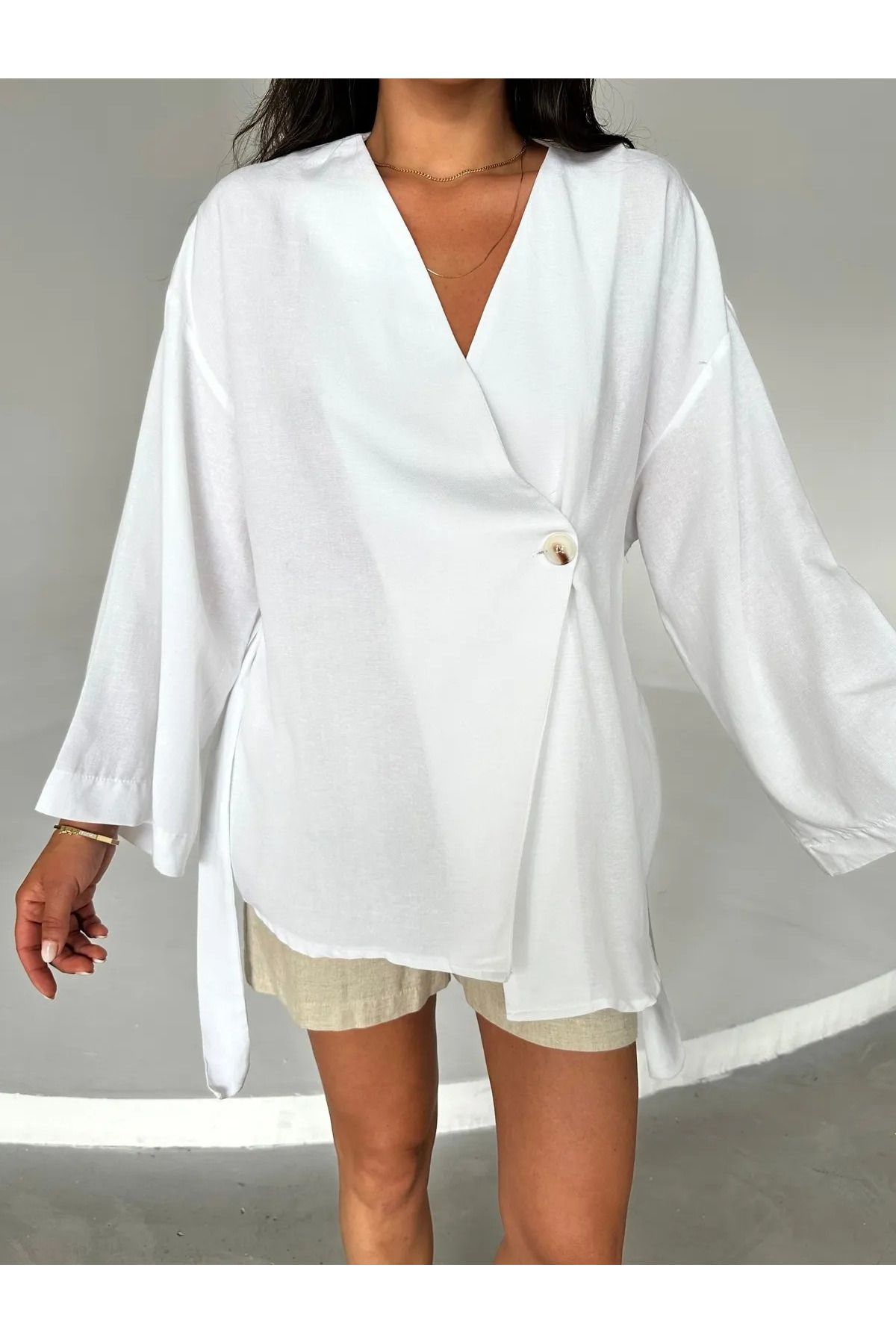 My Blog Białe Bawełniane, Zapinane Na Guziki, Lniane Kimono Z Paskiem - 005 Kobieta - Standard