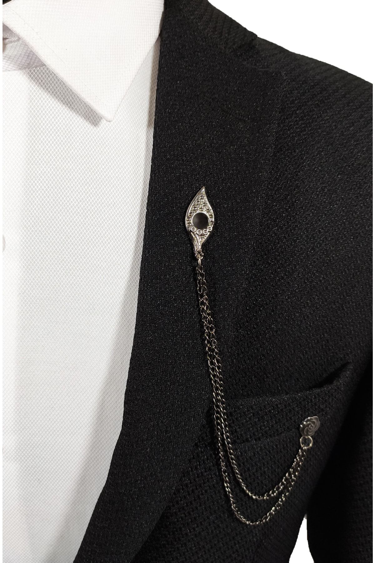 BLC Basic Line Co. Koyu Gümüş Gri Renk Siyah Mine Dolgulu Metal Ceket Yaka İğnesi Yaka Zinciri