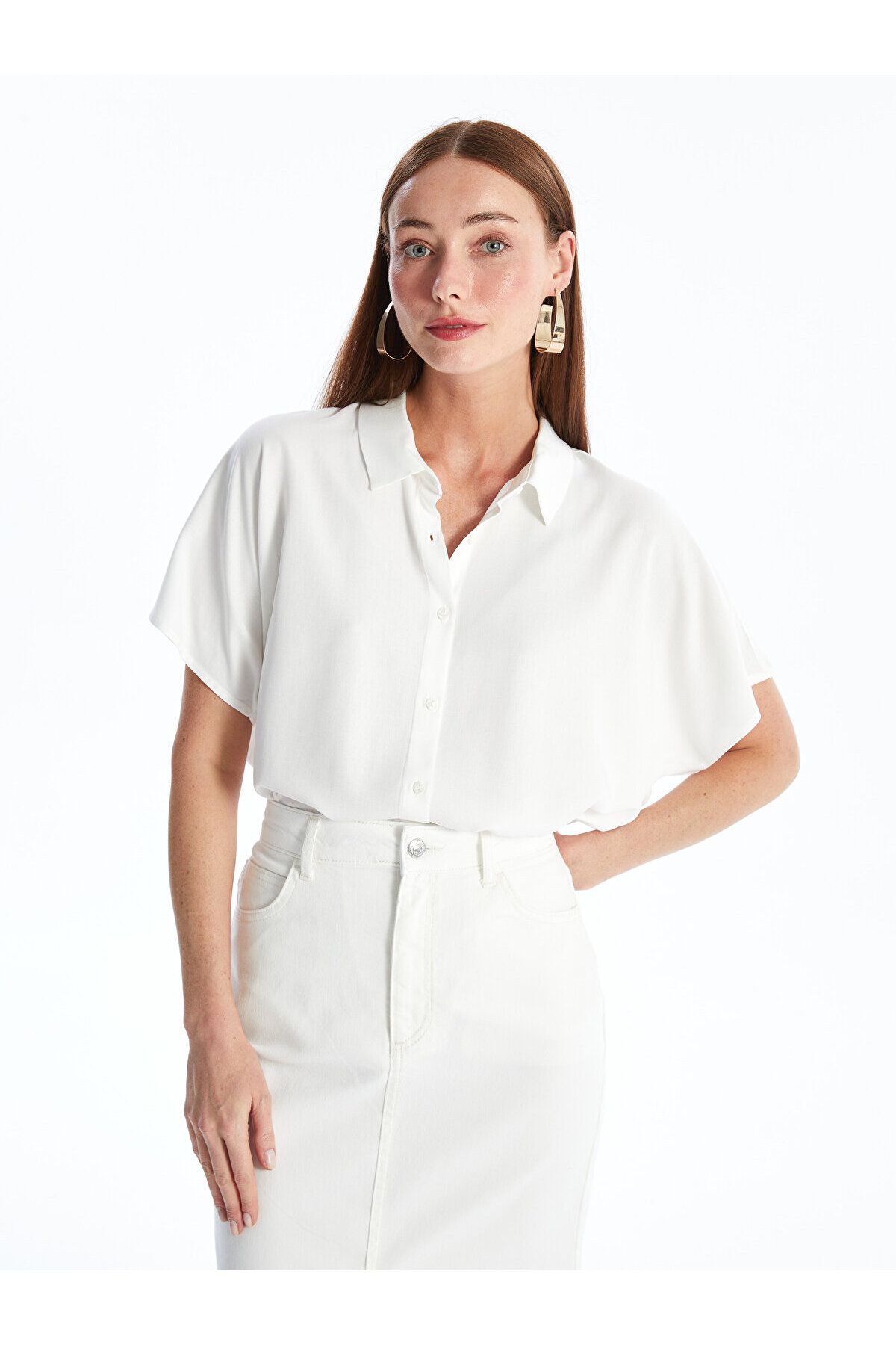 LC Waikiki Koszula Damska Oversize - Prosty Krótki Rękaw - Lcw Kobieta - 46
