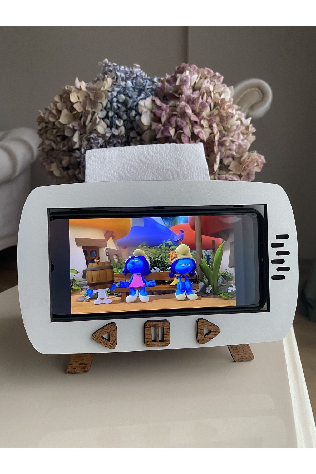 Ahşap Telefon Tutucu Peçetelik - Retro TV Görünümlü