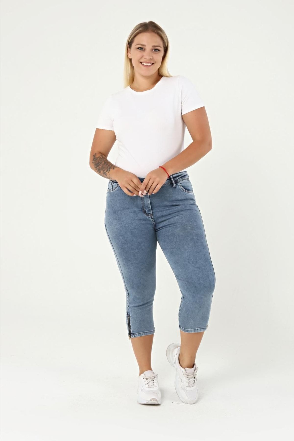 EYLÜL BUTİK  Kadın Kemerli Kot Kapri - Görsel 7