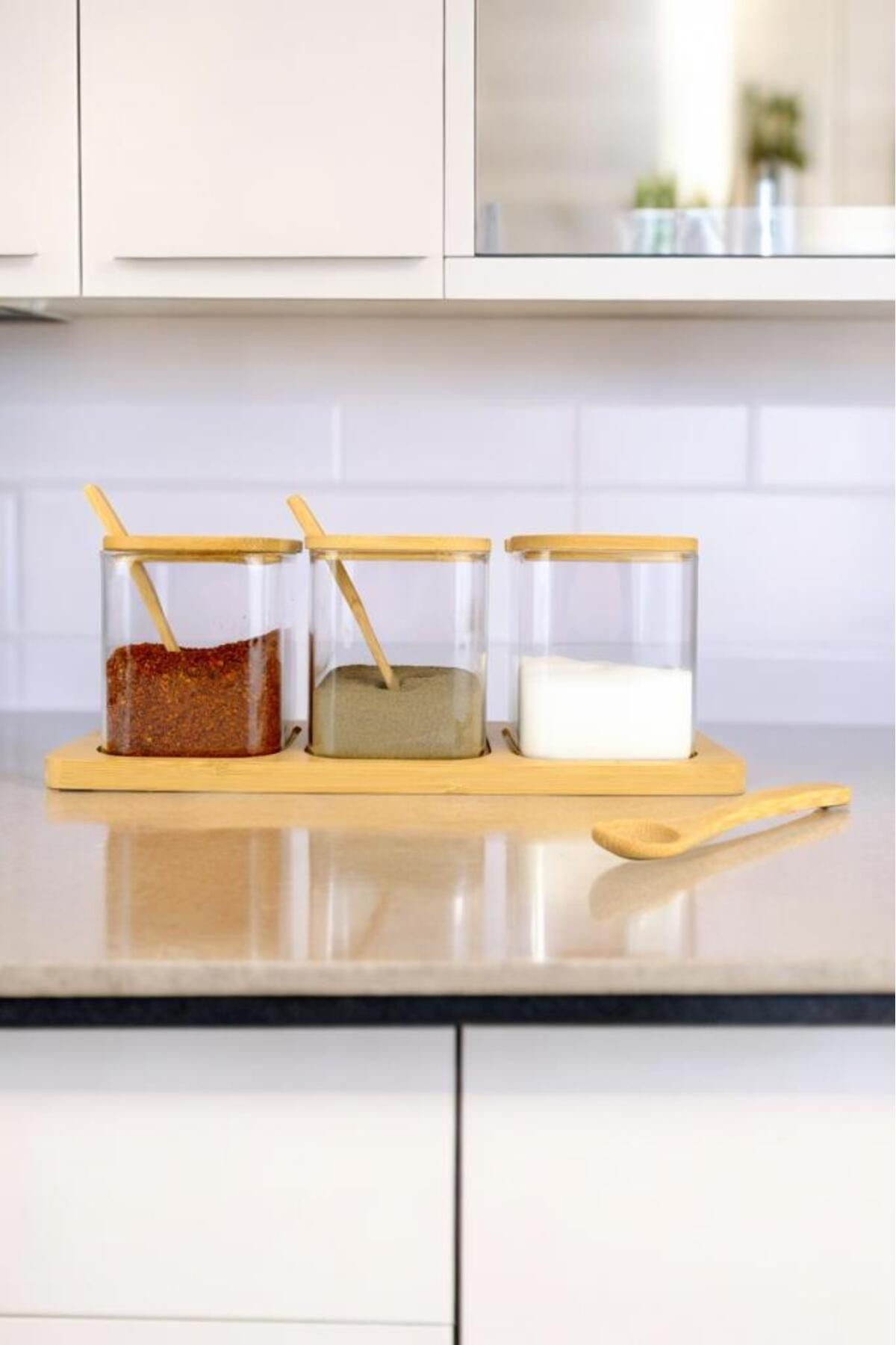 Digithome-Borosilicate Thin Glass and Wooden 3-Piece Jar Set with Stand - Brown F/3 2