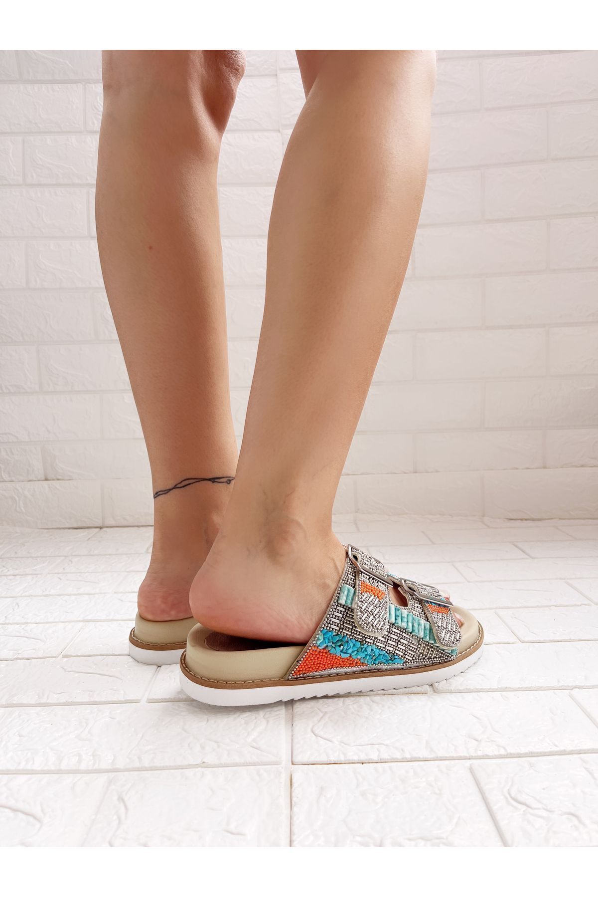 goodbye-Marrakech Silver Blue Orange Stone Genuine Leather Slippers 4