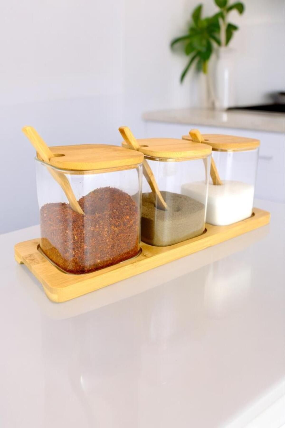 Digithome-Borosilicate Thin Glass and Wooden 3-Piece Jar Set with Stand - Brown F/3 4