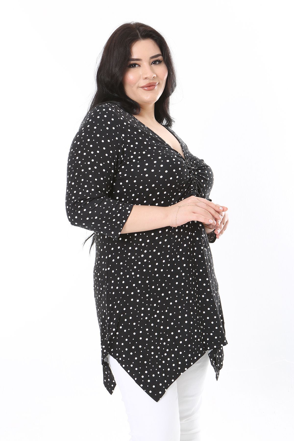 Şans-Plus Size Black Point Patterned Capri Blouse with Drawstring Chest - 65N37949 6