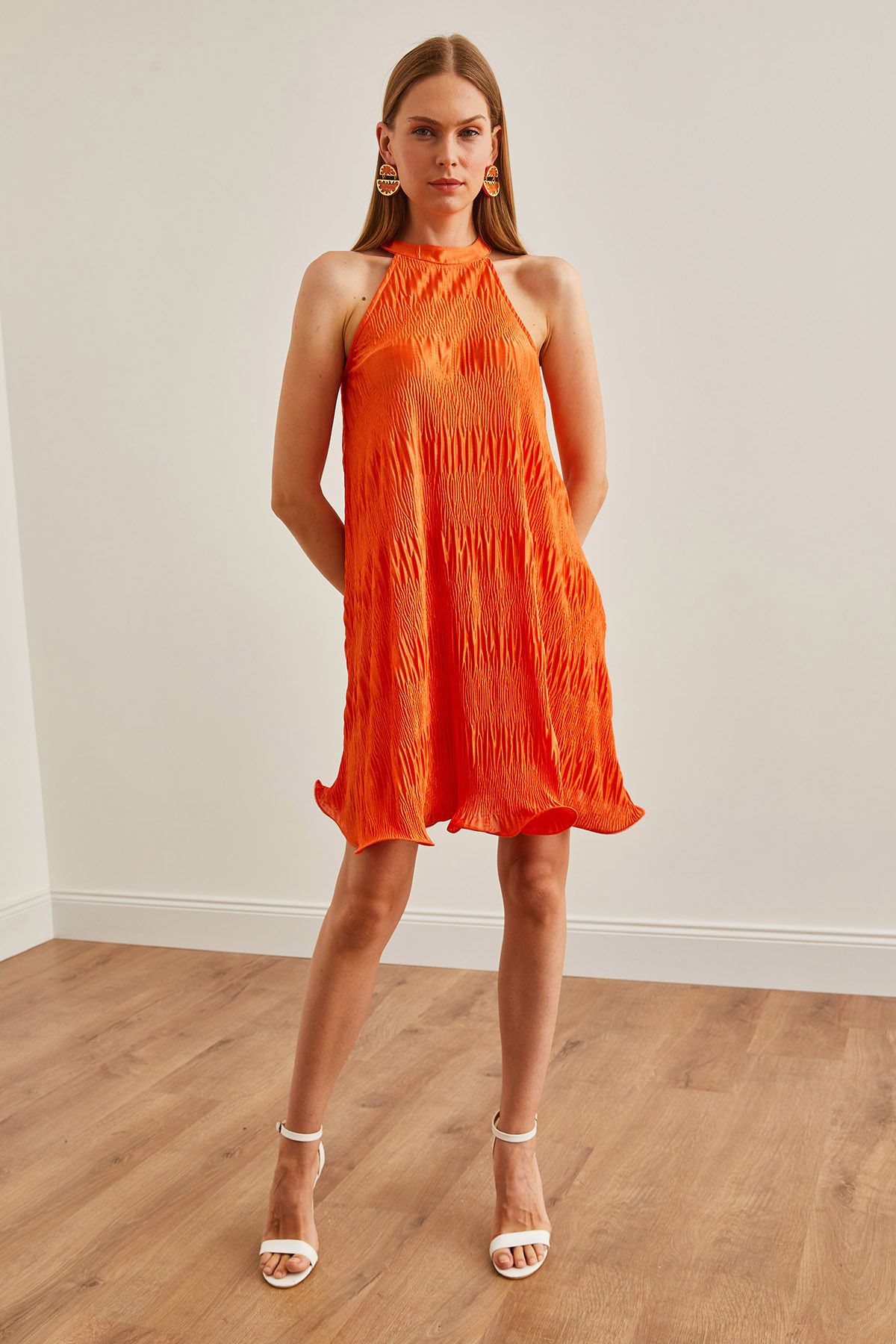 Olalook-Orange Halter Neck Pleated Women's Dress - ELB-19002220 3
