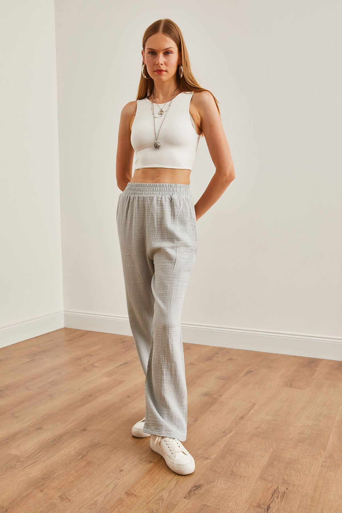 Olalook-Pantaloni gri de muselină pentru femei - buzunare și talie elastică PNT-19000279 5