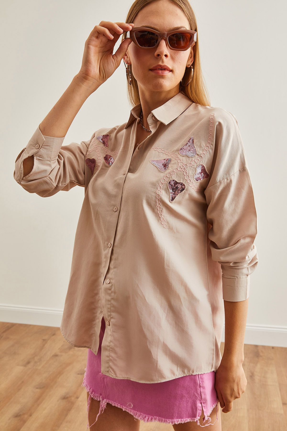 Olalook-Heart Stoned Palm Shirt - Gewebt, Paillettenbesatz, GML-19001225 7