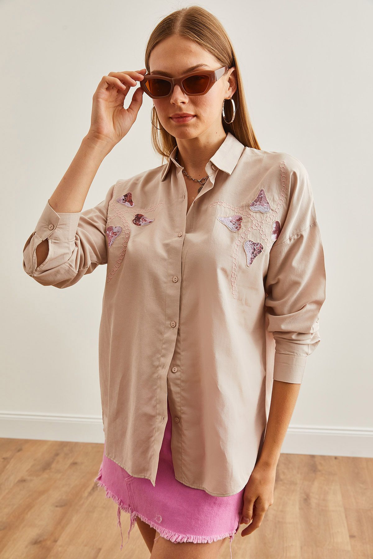 Olalook-Heart Stoned Palm Shirt - Gewebt, Paillettenbesatz, GML-19001225 6