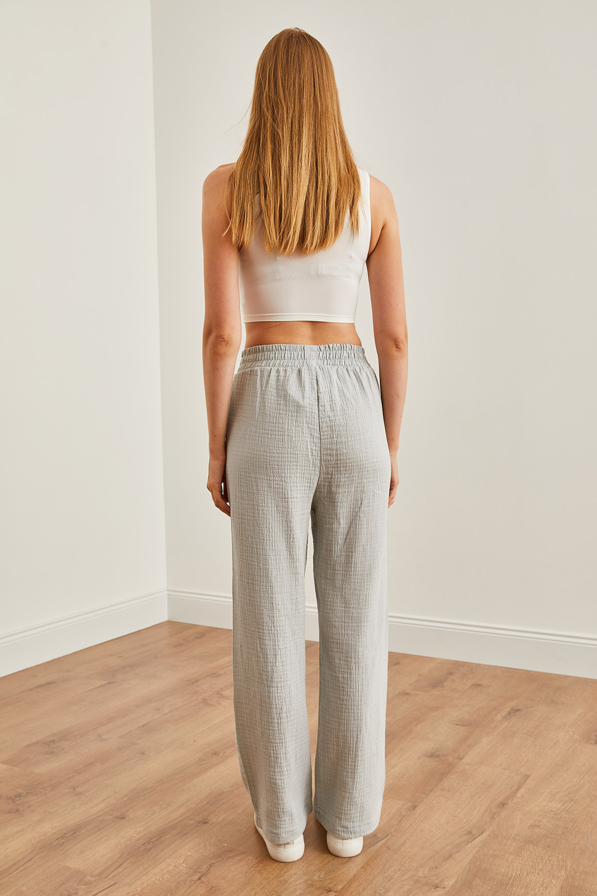 Olalook-Pantaloni gri de muselină pentru femei - buzunare și talie elastică PNT-19000279 7