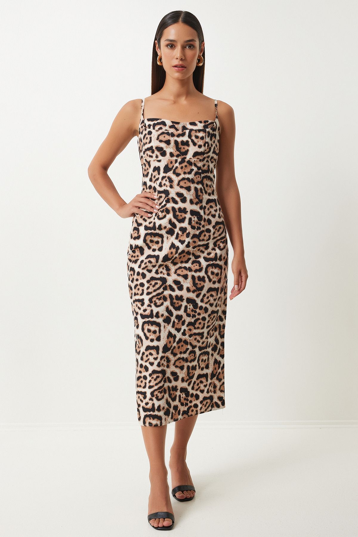Happiness İstanbul-Black Beige Leopard Print Midi Strap Dress - KJ00013 3