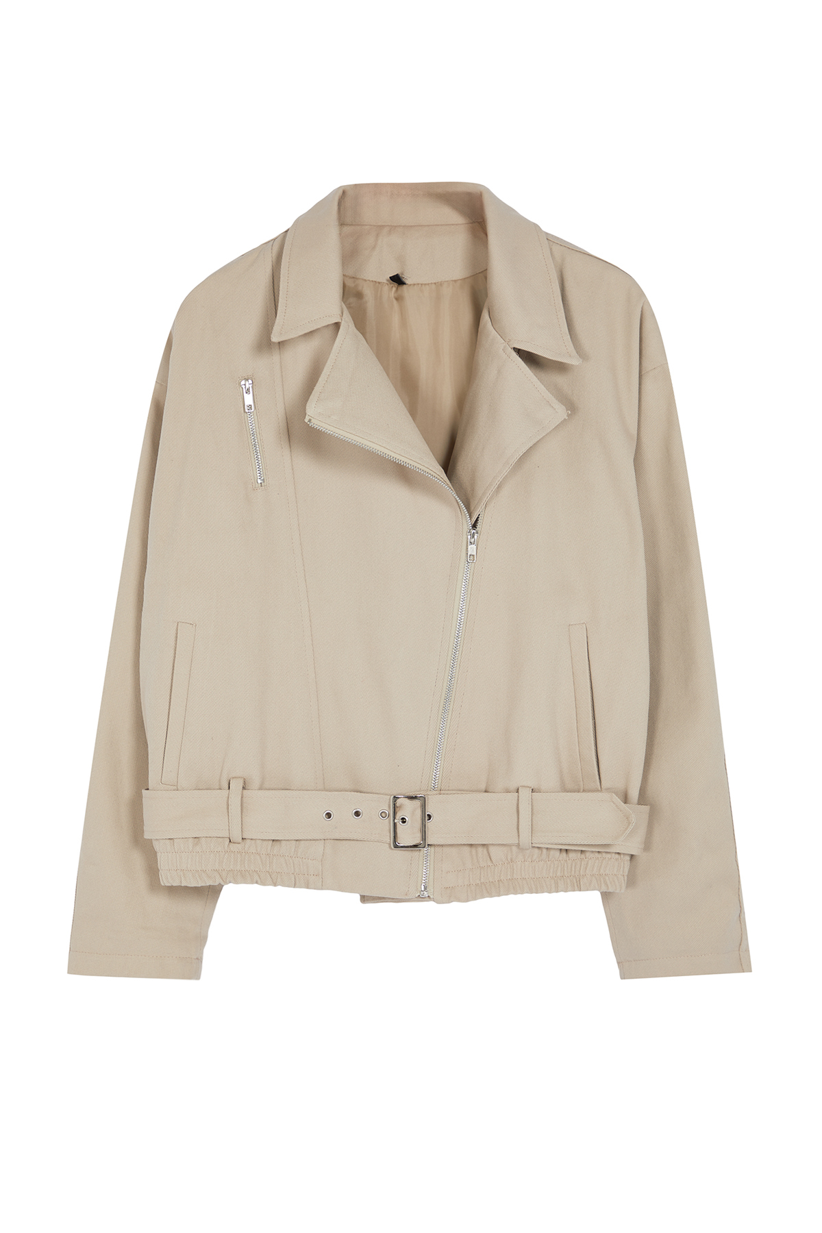  TRENDYOLM?LLA Bej Oversize Kemerli Gabardin Biker ?nce Ceket Mont