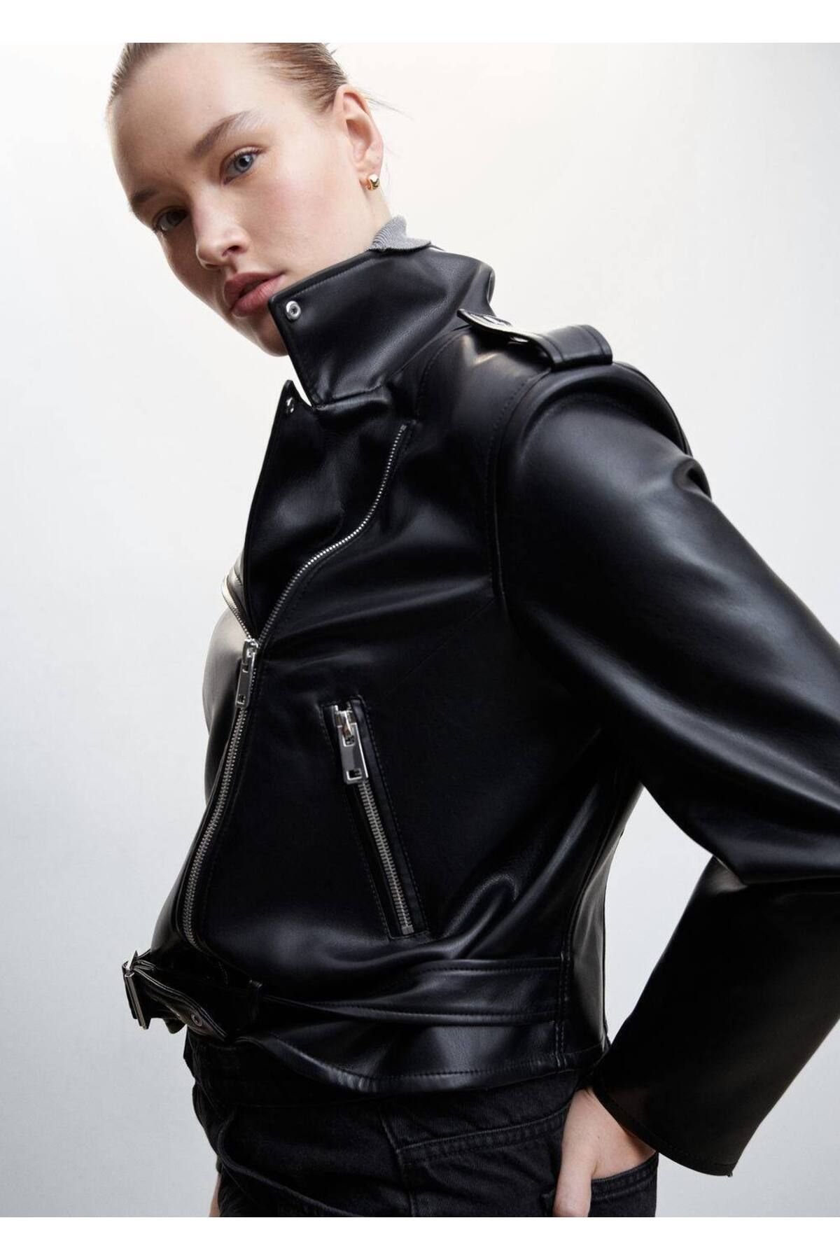 MANGO Woman-Leather Look Biker Jacket 5