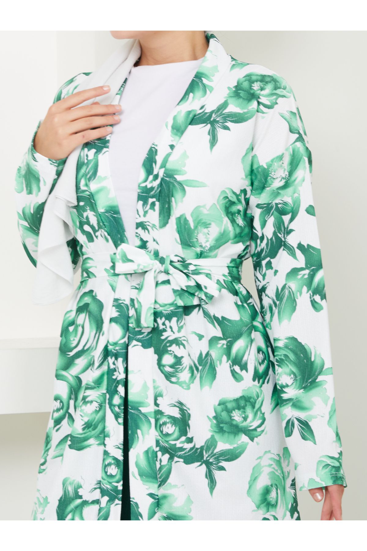 VOLT CLOTHİNG-Blumengemustertes Damen-Kimono-Set - Ohne Verschluss und mit Gürtel 7