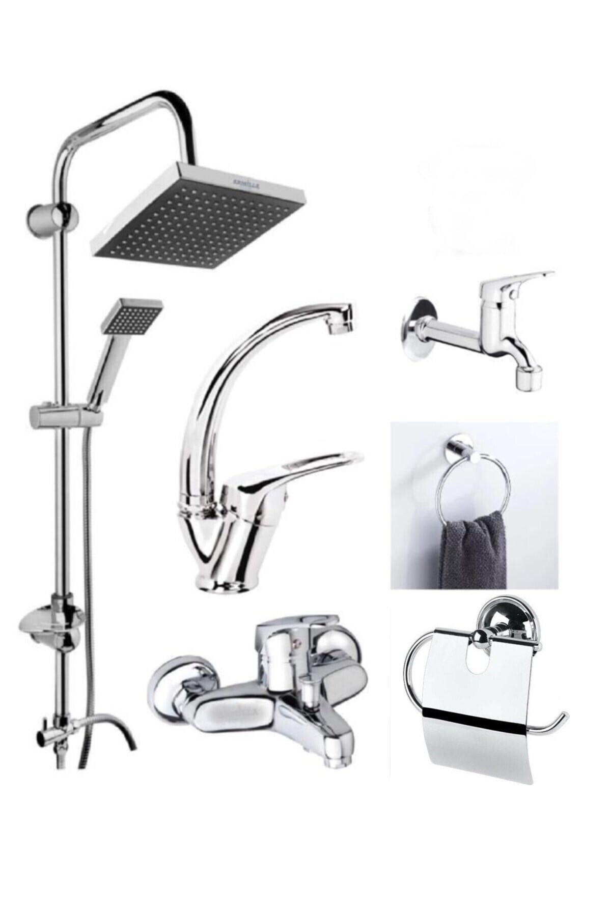 MOONSHOP Pro Seri 6'lı Duş Seti Duş Robotu Banyo Bataryası Lavabo Bataryası Havluluk Peçetelik Musluk