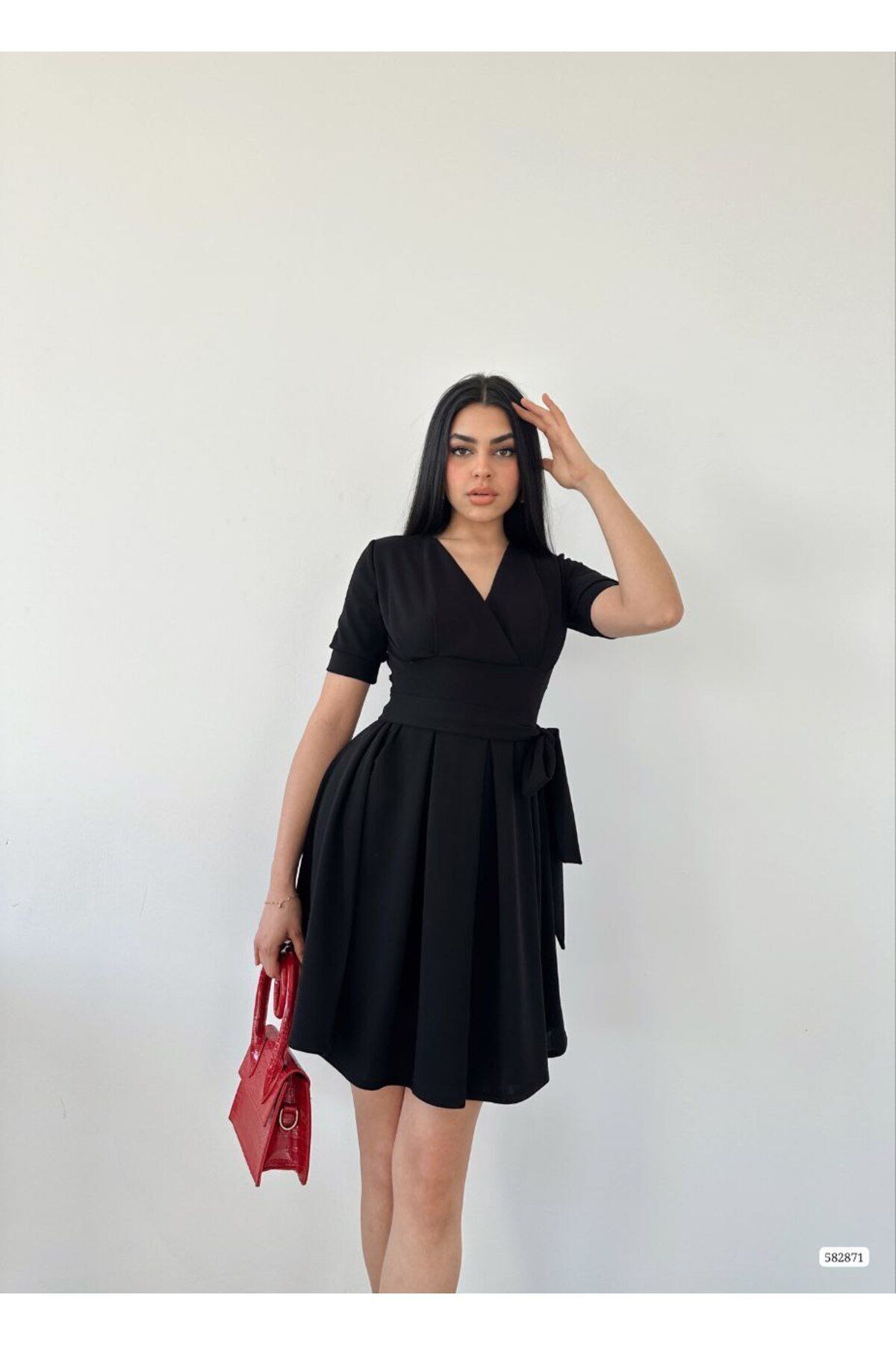 Women's Black Wrap Neck Short Sleeve Waistband A line Waistband Short Evening Dress