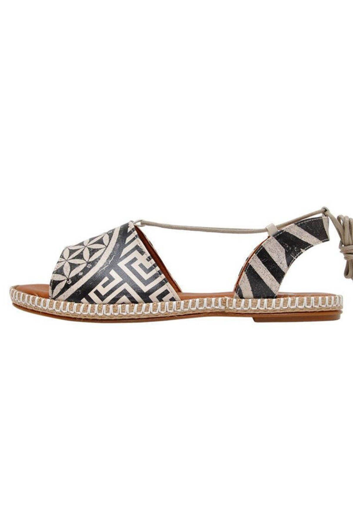 Dogo-Women's Vegan Leather Black Lace-up Sandals - Mosaics Design 3