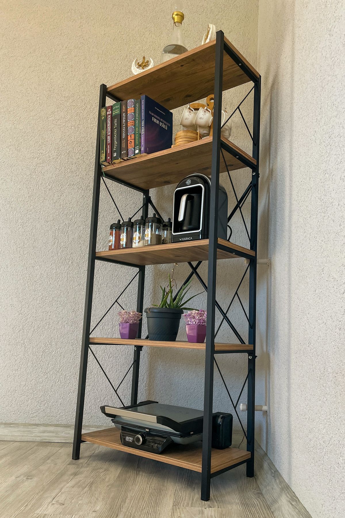 İBM MOBİLYA Metal Kitaplık 5 Raflı Çok Amaçlı Dosya Kitap Rafı Ofis Salon Atlantik Çam Raf