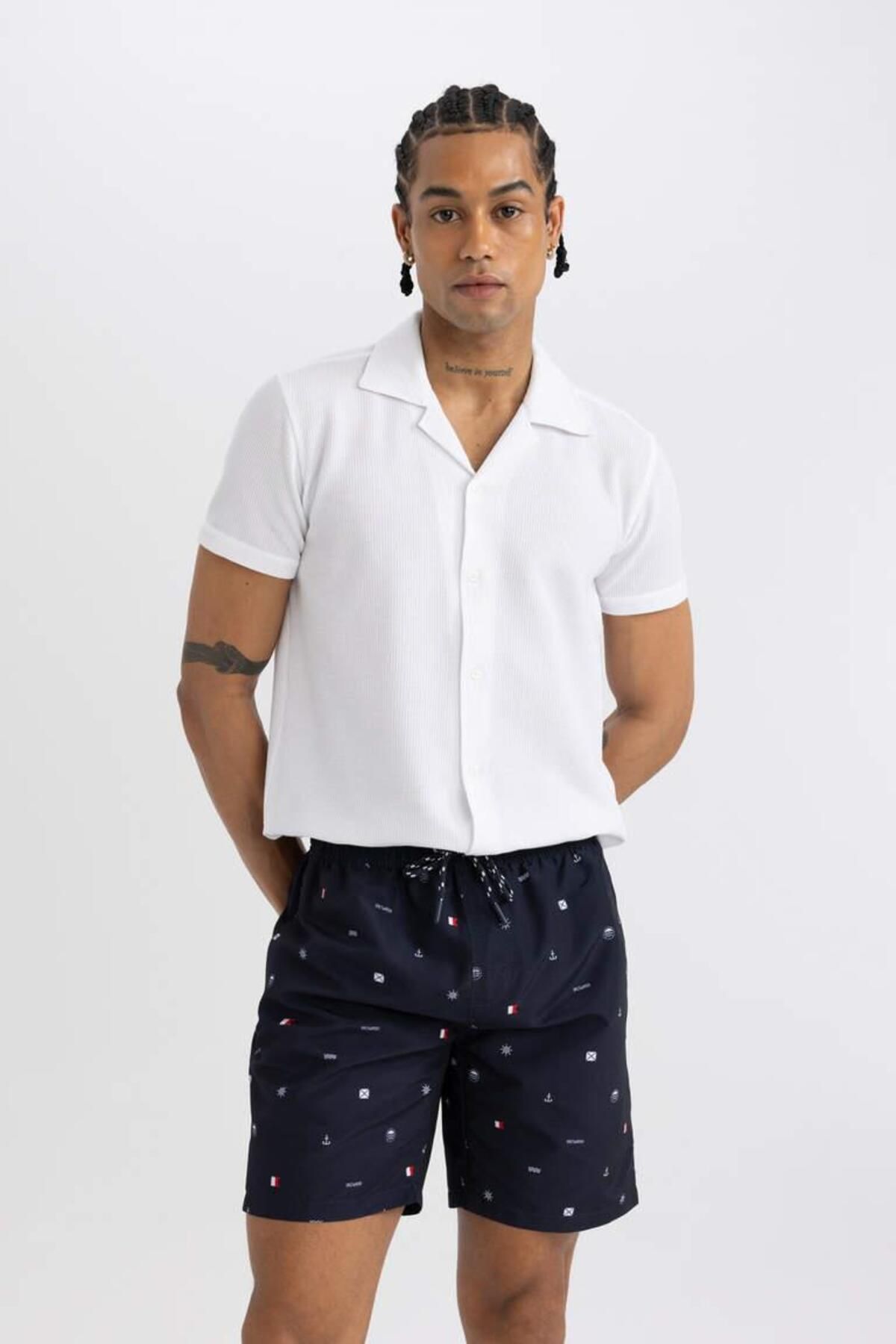 DeFacto-Patterned Mesh Lined Regular Fit Short Swim Shorts 3