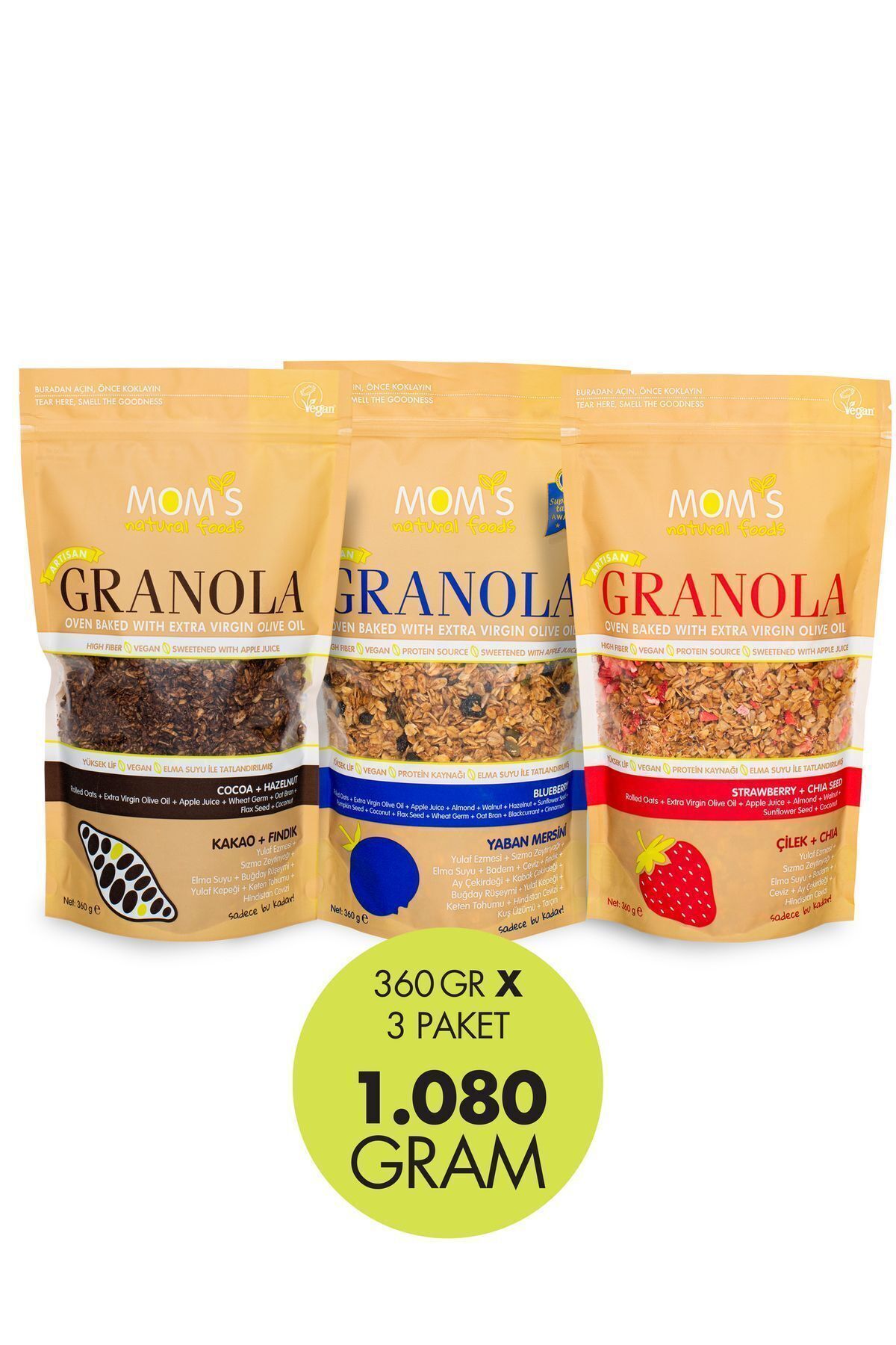 3'LÜ GRANOLA KAKAO-FINDIK 360 G / YABAN MERSİNİ 360 G / ÇİLEK-CHIA 360 G