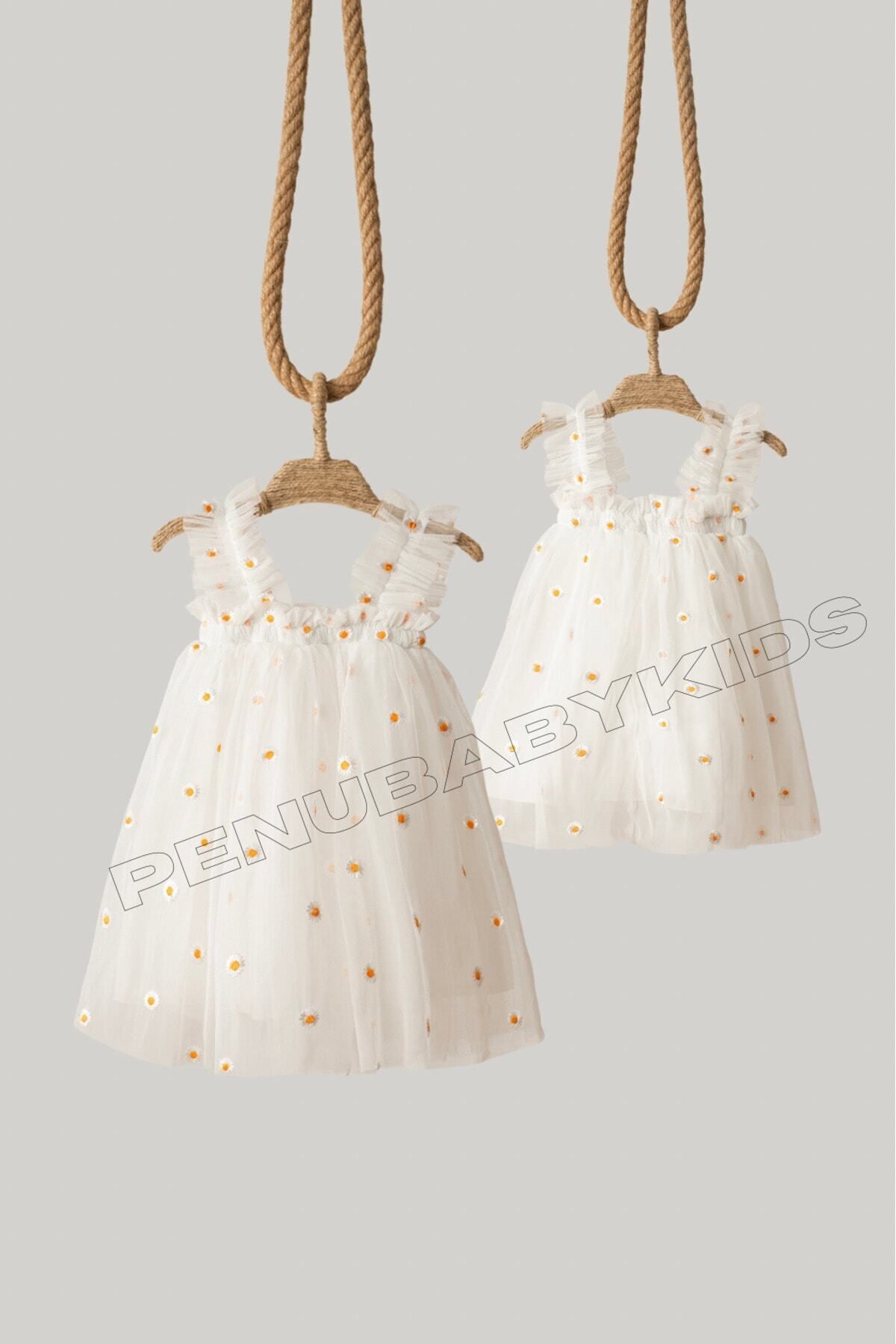 penu baby kids White Daisy Embroidered Strappy Baby Girl Dress Daisy Trendyol