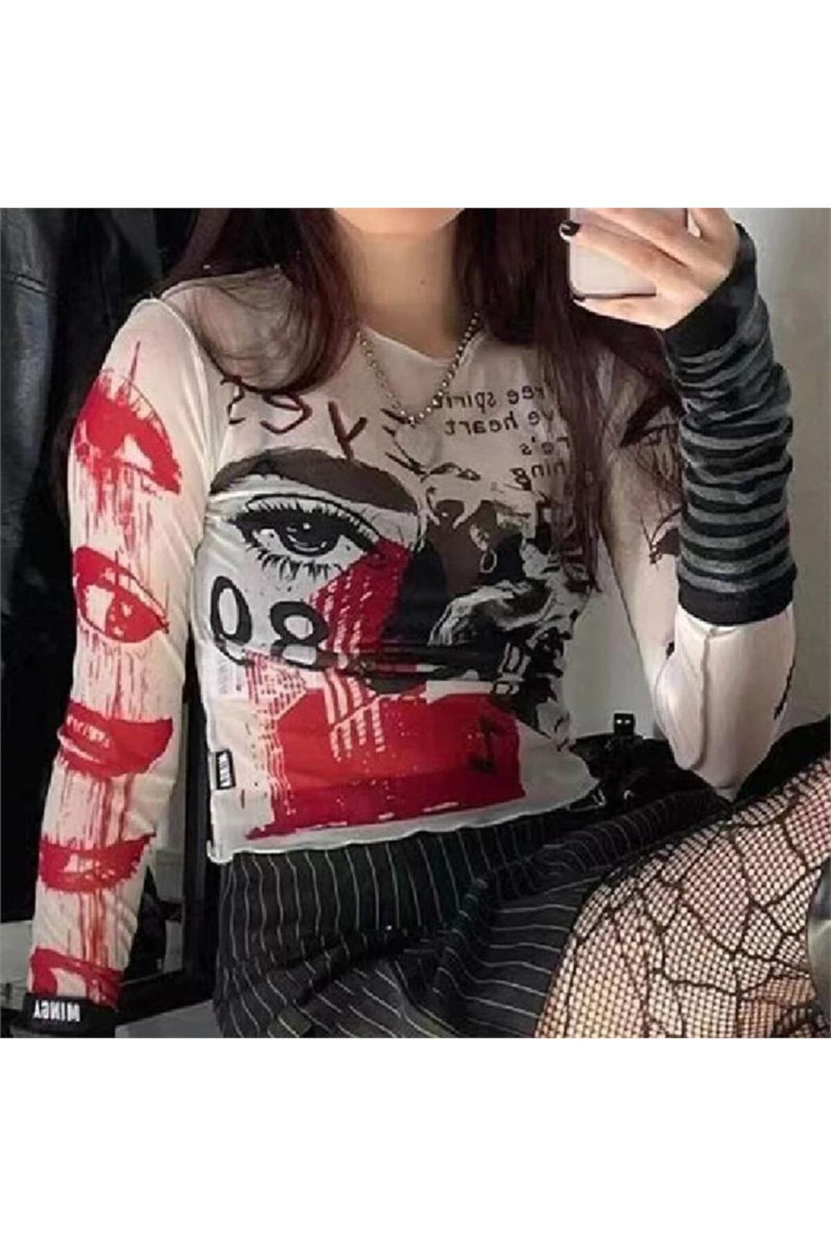 Karakedi Crop Cu Mânecă Lungă Cu Imprimeu Marginal Grunge Femeie - M