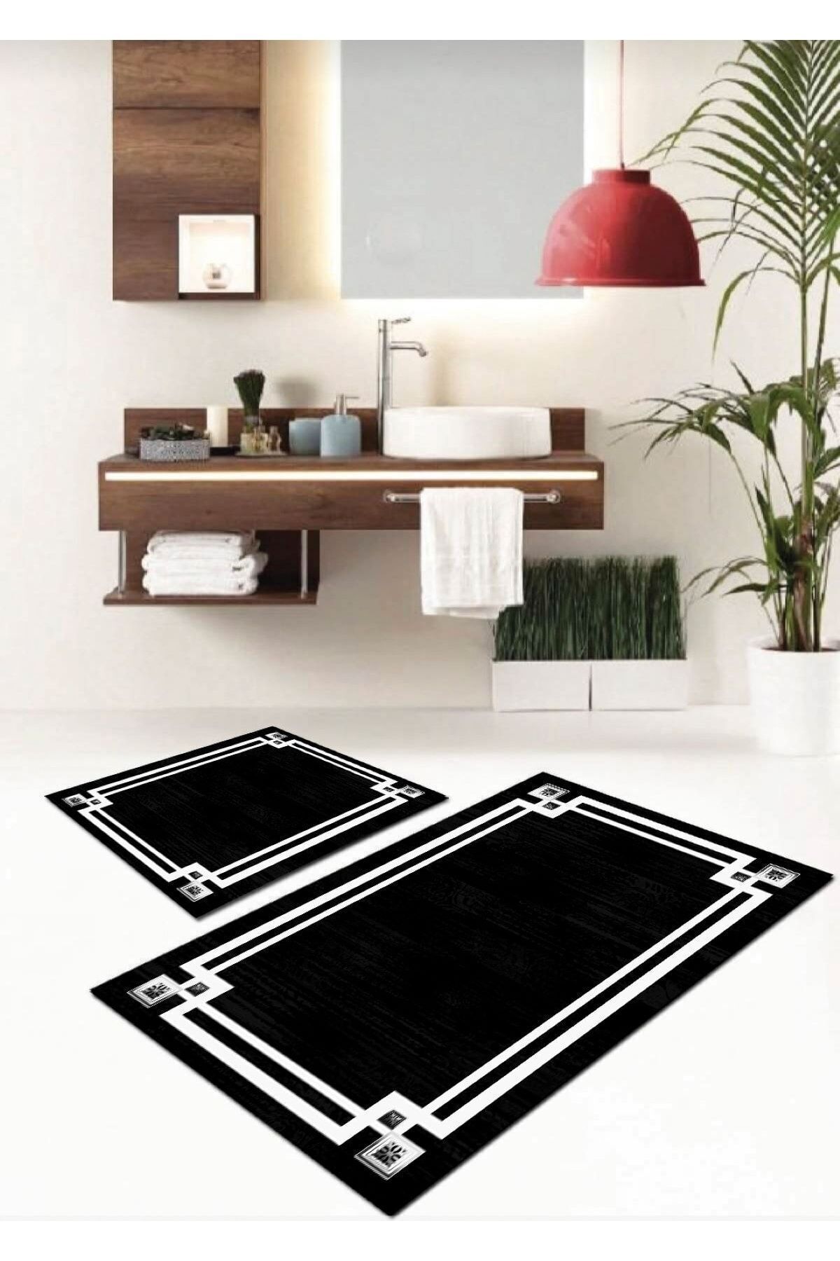 Talya - Black Non-Slip, Non-Spill Cotton Woven Base 2-Piece Bathroom Rug (60x100-40X60)