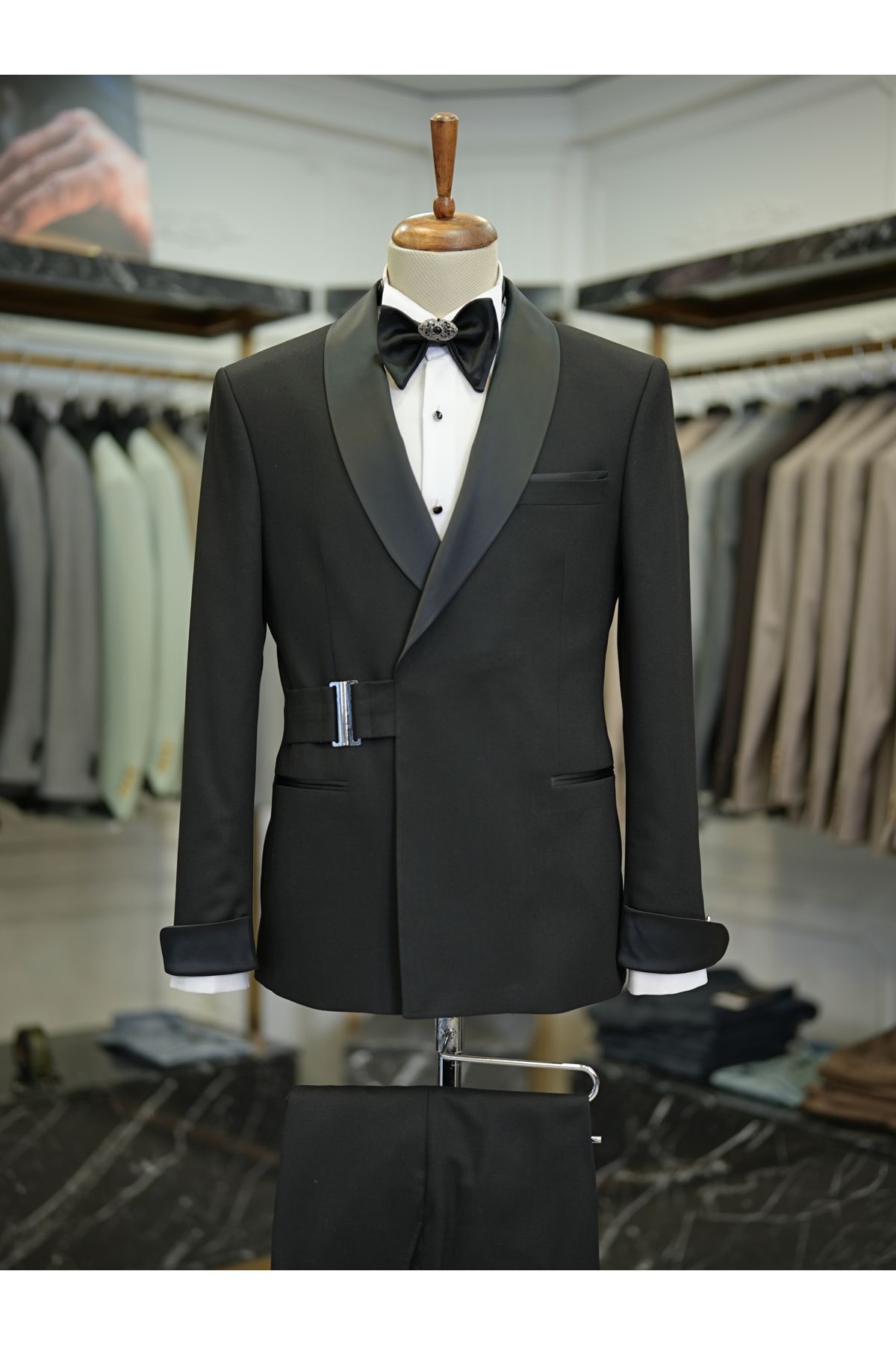LONATOLİA Premium Erkek Gümüş Tokalı Kruvaze Damatlık Slim fit İtalyan Stil Ceket Pantolon Papyon