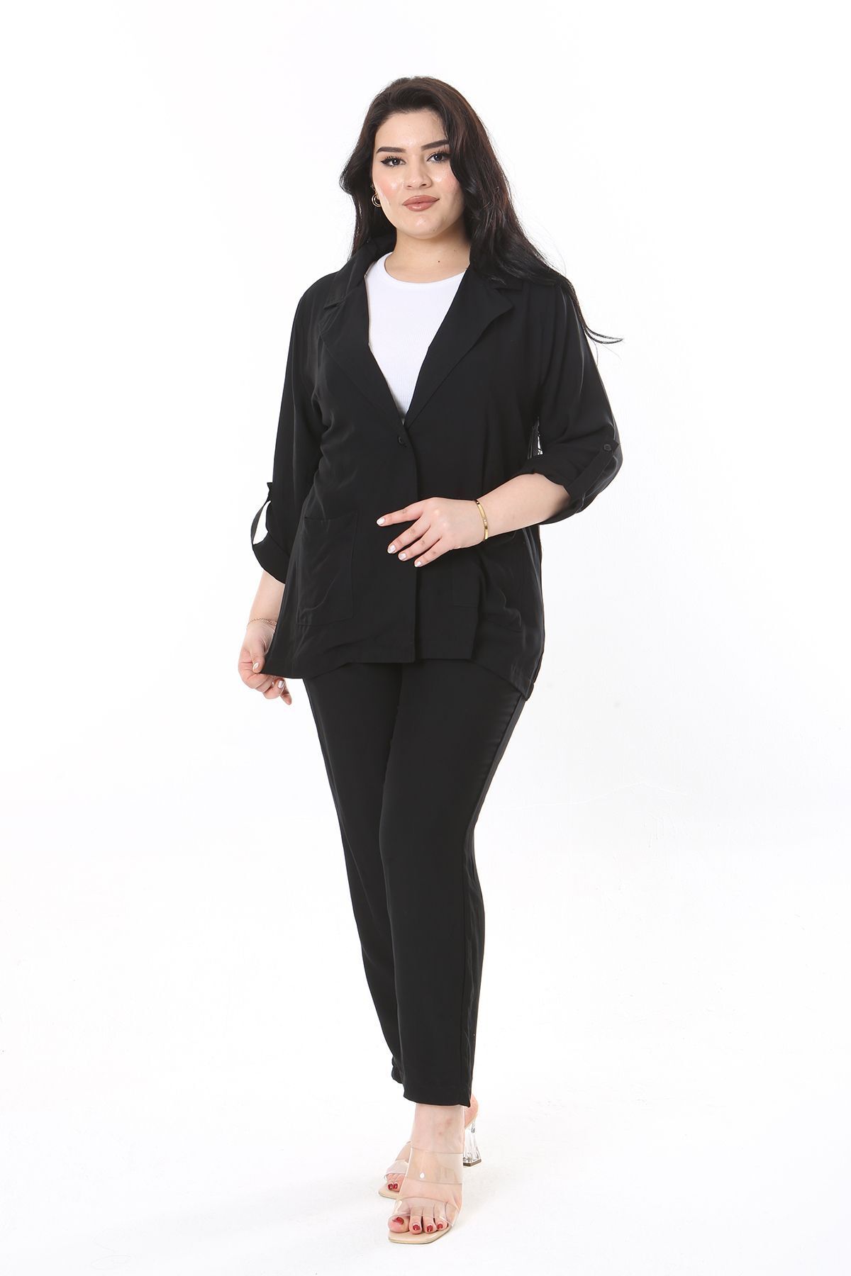 Şans-Set jachetă neagră mărime plus și pantaloni cu talie elastică - 65N37950 8