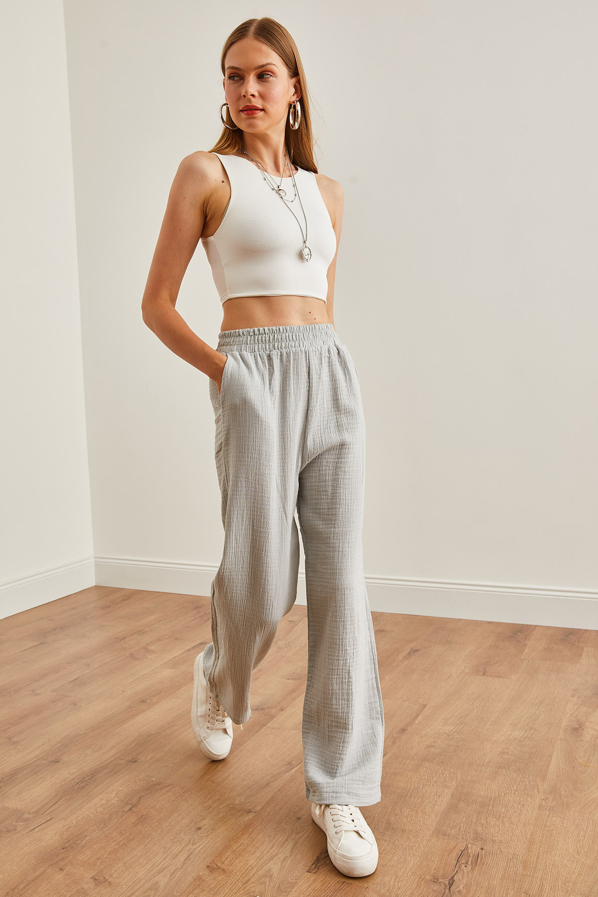 Olalook-Pantaloni gri de muselină pentru femei - buzunare și talie elastică PNT-19000279 3