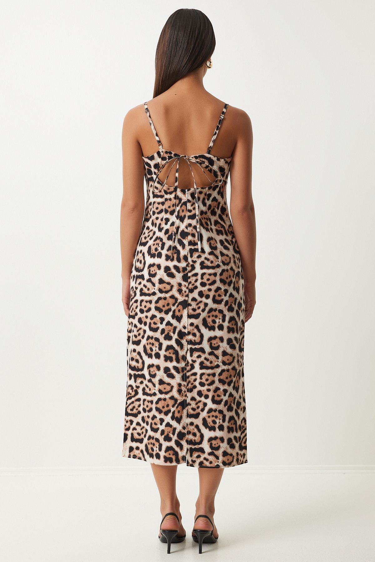 Happiness İstanbul-Black Beige Leopard Print Midi Strap Dress - KJ00013 5