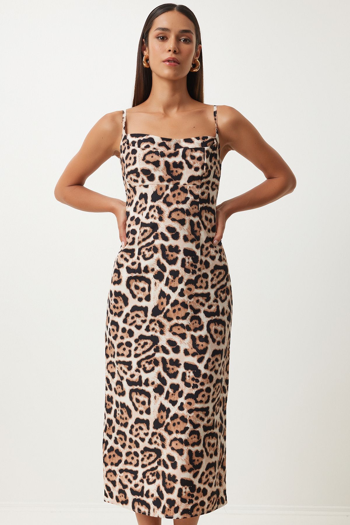Happiness İstanbul-Black Beige Leopard Print Midi Strap Dress - KJ00013 2