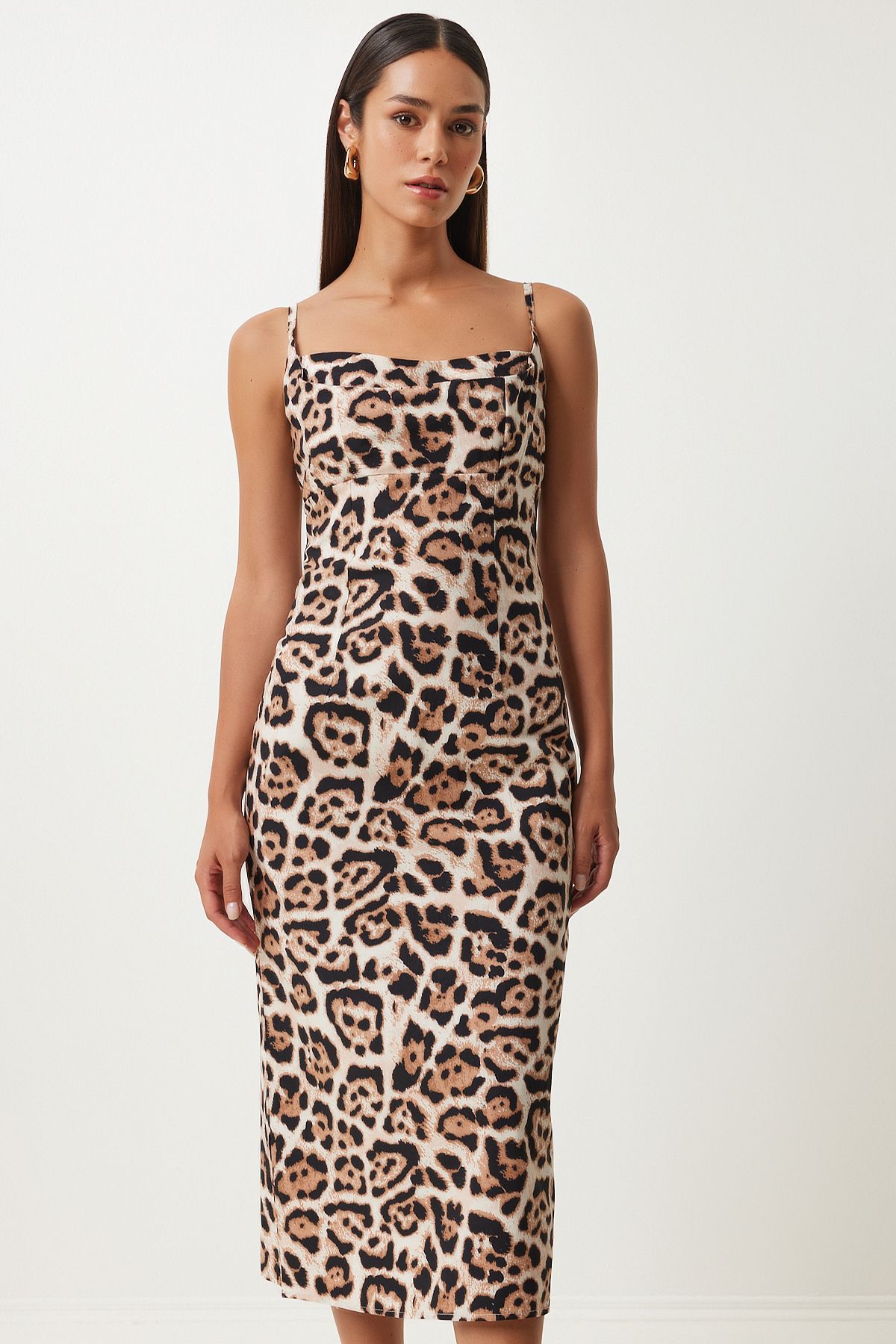 Happiness İstanbul-Black Beige Leopard Print Midi Strap Dress - KJ00013 1