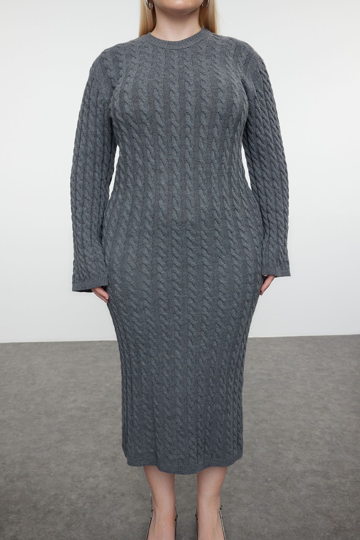 Trendyol Curve-Midi Length Anthracite Knitwear Dress - Hair Braided TBBAW25AH00002 3
