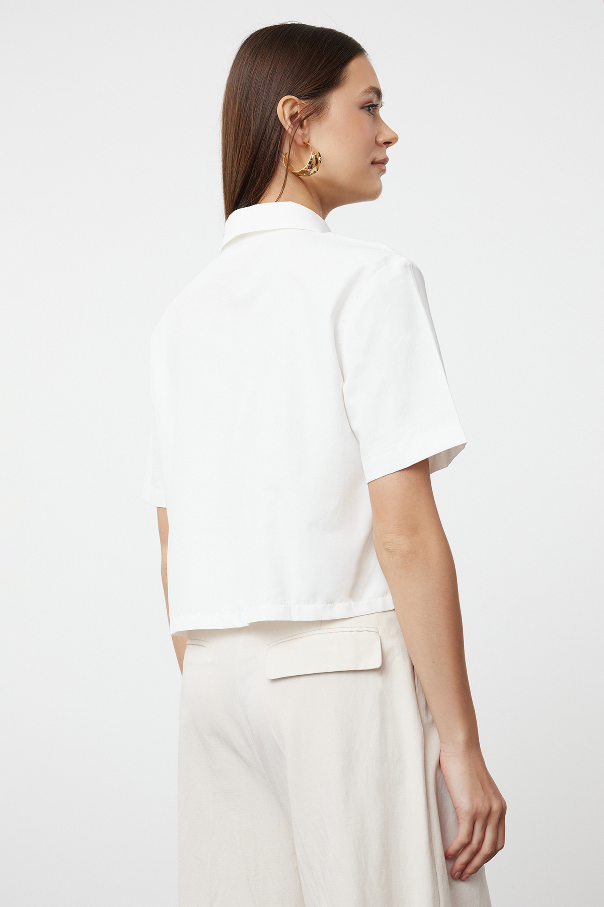 Trendyolmilla  Ekru Brodeli Crop Dokuma Gömlek TWOSS24GO00225 - Görsel 5