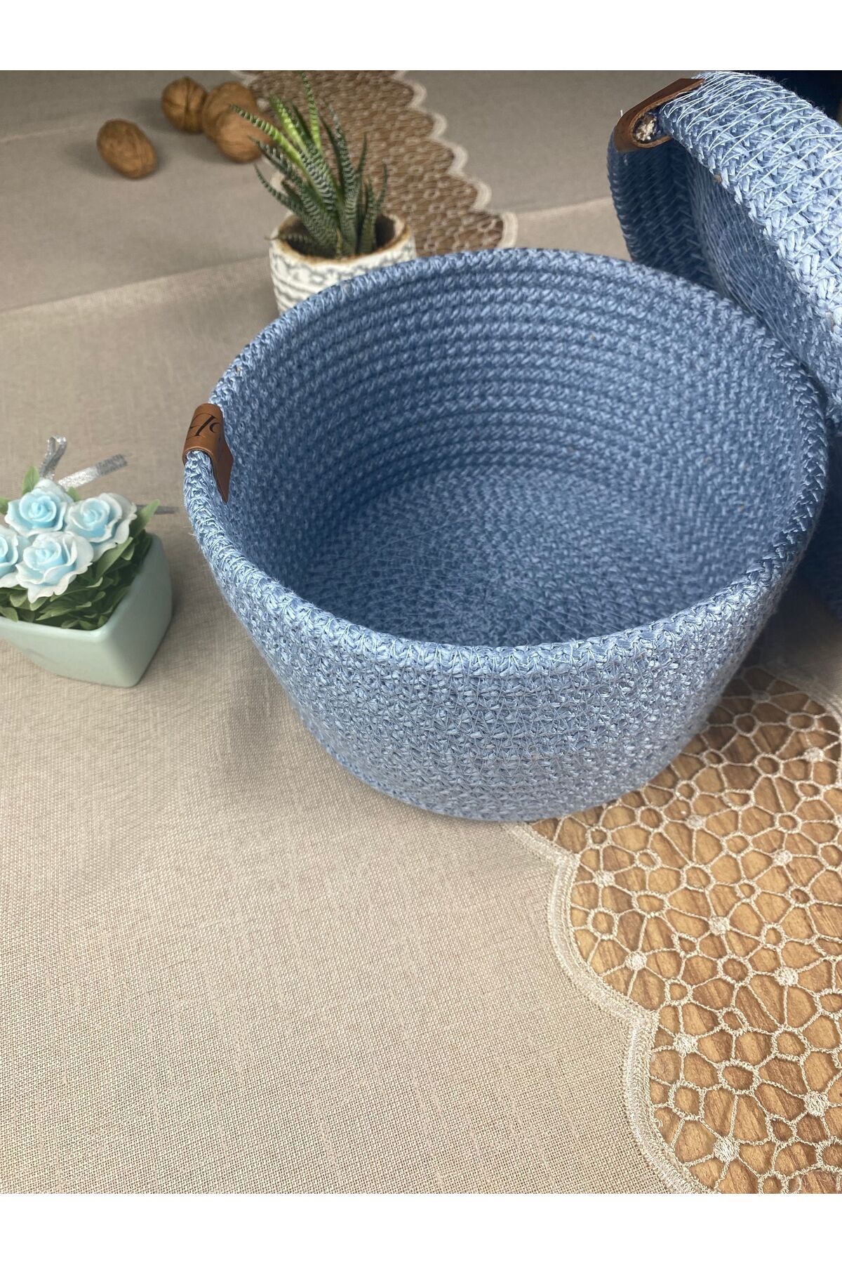 ATALANTICA-3-Piece Jute String Knitted Basket - Decorative and Wicker Set, White Bathroom Cotton String 4