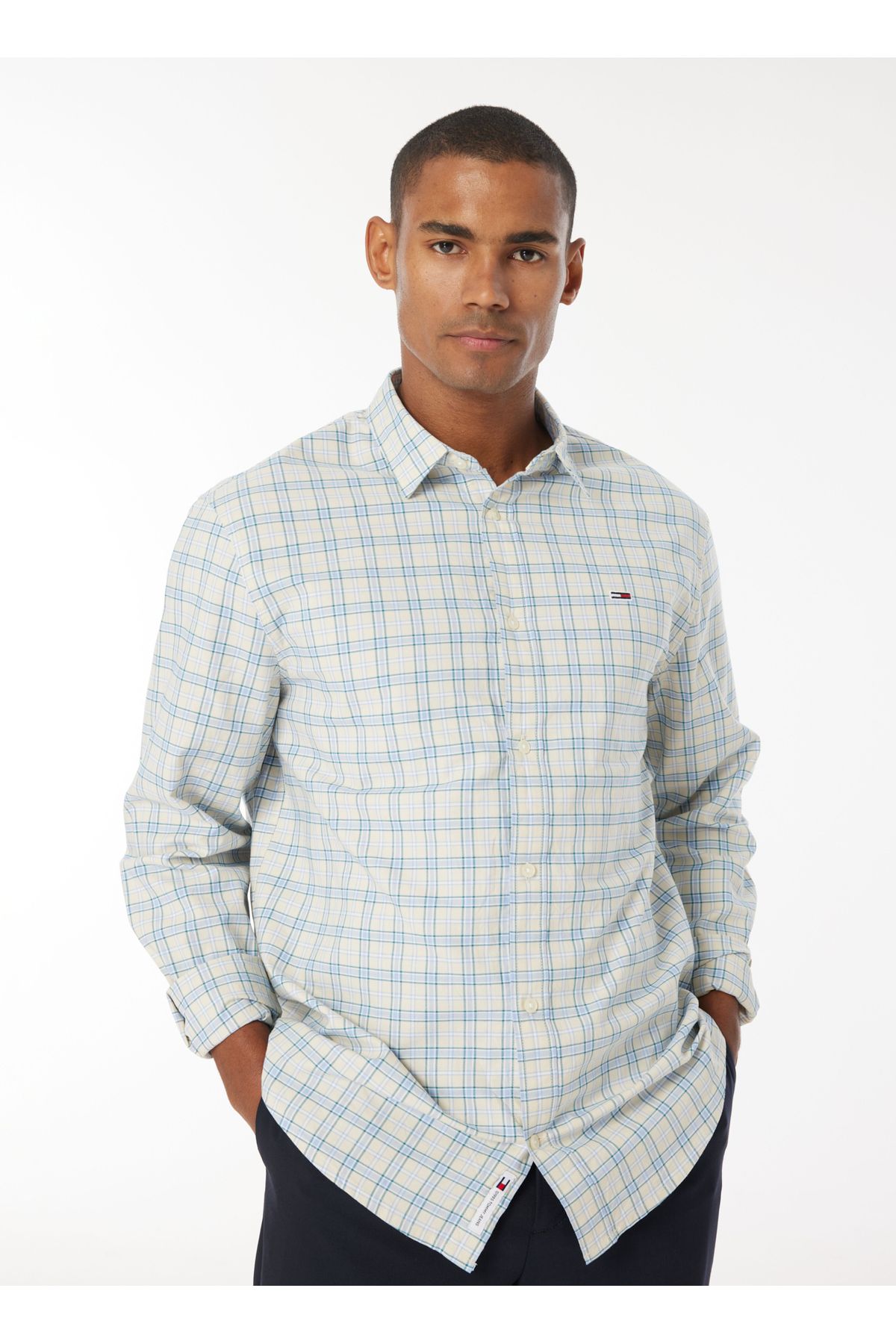 پیراهن / بلوز دکمه دار نود مردانه Beige Square DM0DM18976ACG اورجینال Tommy Jeans