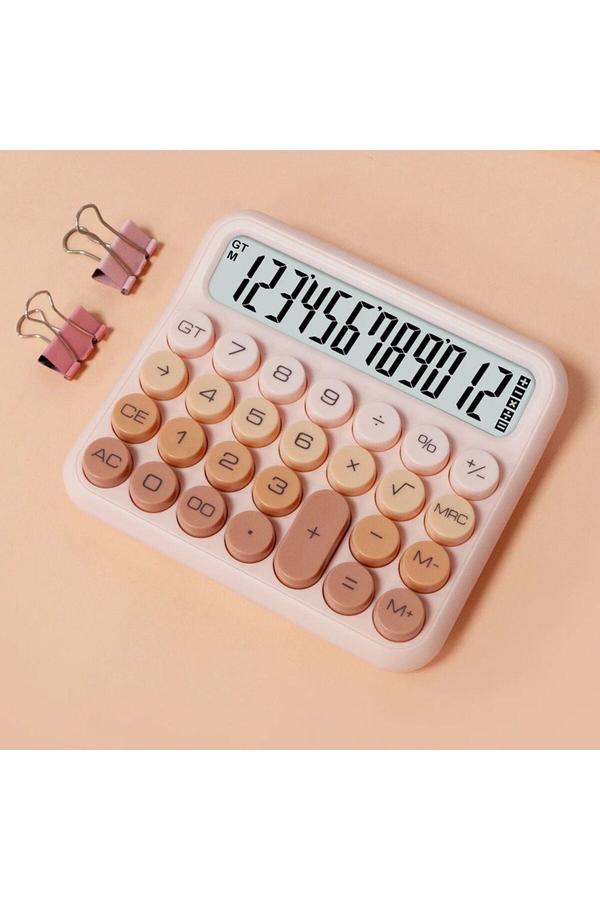 Rabbit Tech Pembe Yuvarlak Tuşlu Renkli Ofis Hesap Makinası Daktilo Tarzı Vintage 12 Haneli Hesap Makinası