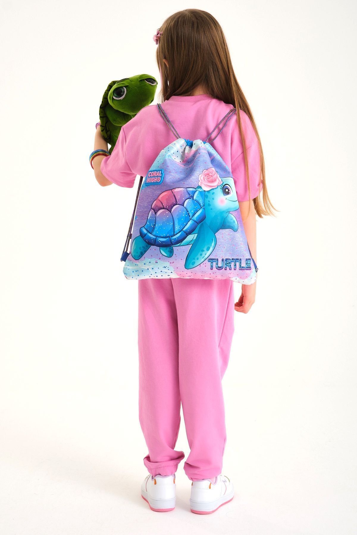 Coral High-Kids Light Pink Blue Turtle Pattern Drawstring Drawstring Backpack 22693 2