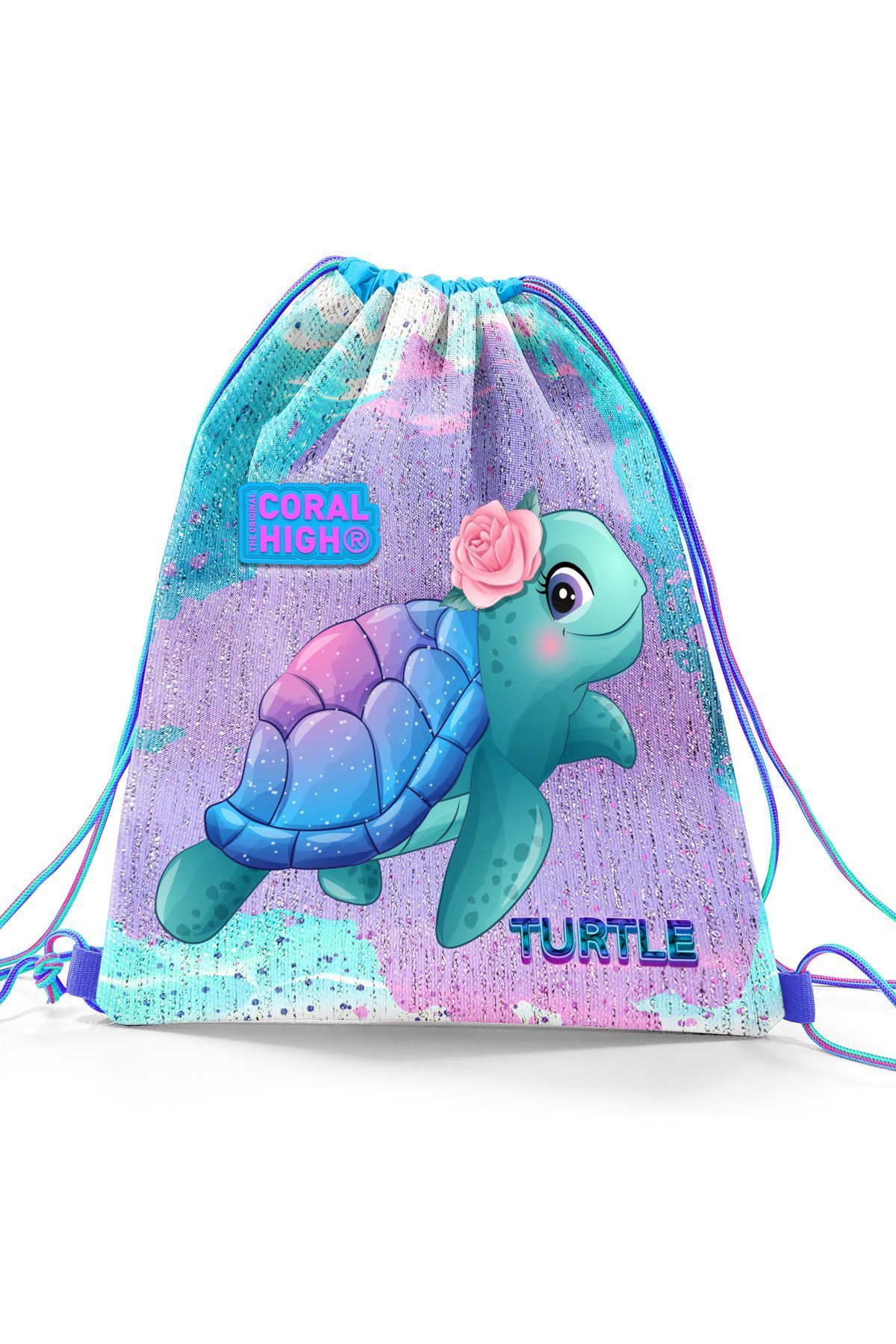Coral High-Kids Light Pink Blue Turtle Pattern Drawstring Drawstring Backpack 22693 3