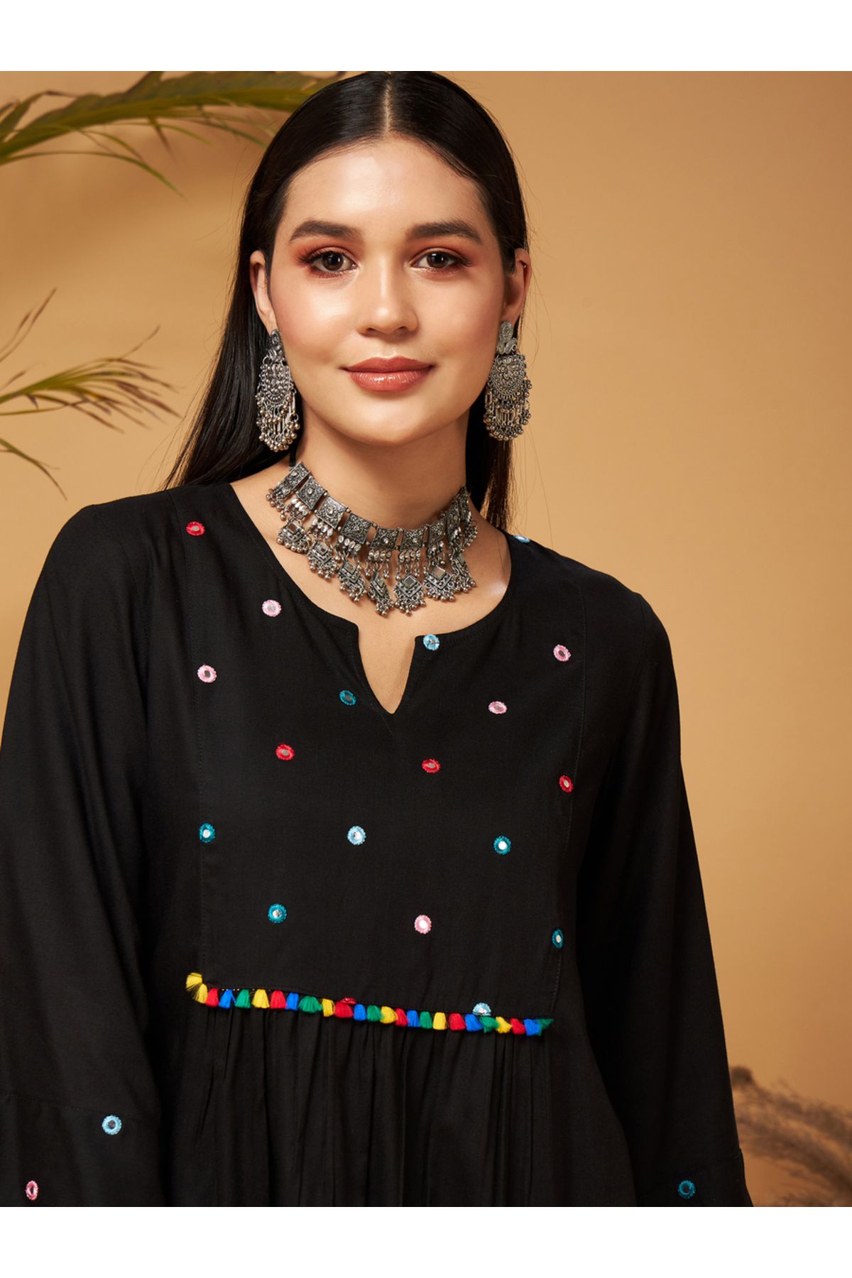Sassafras By Styli-Mirror Work Embroidered Pom Pom Trim Kurti and Palazzos Set 4