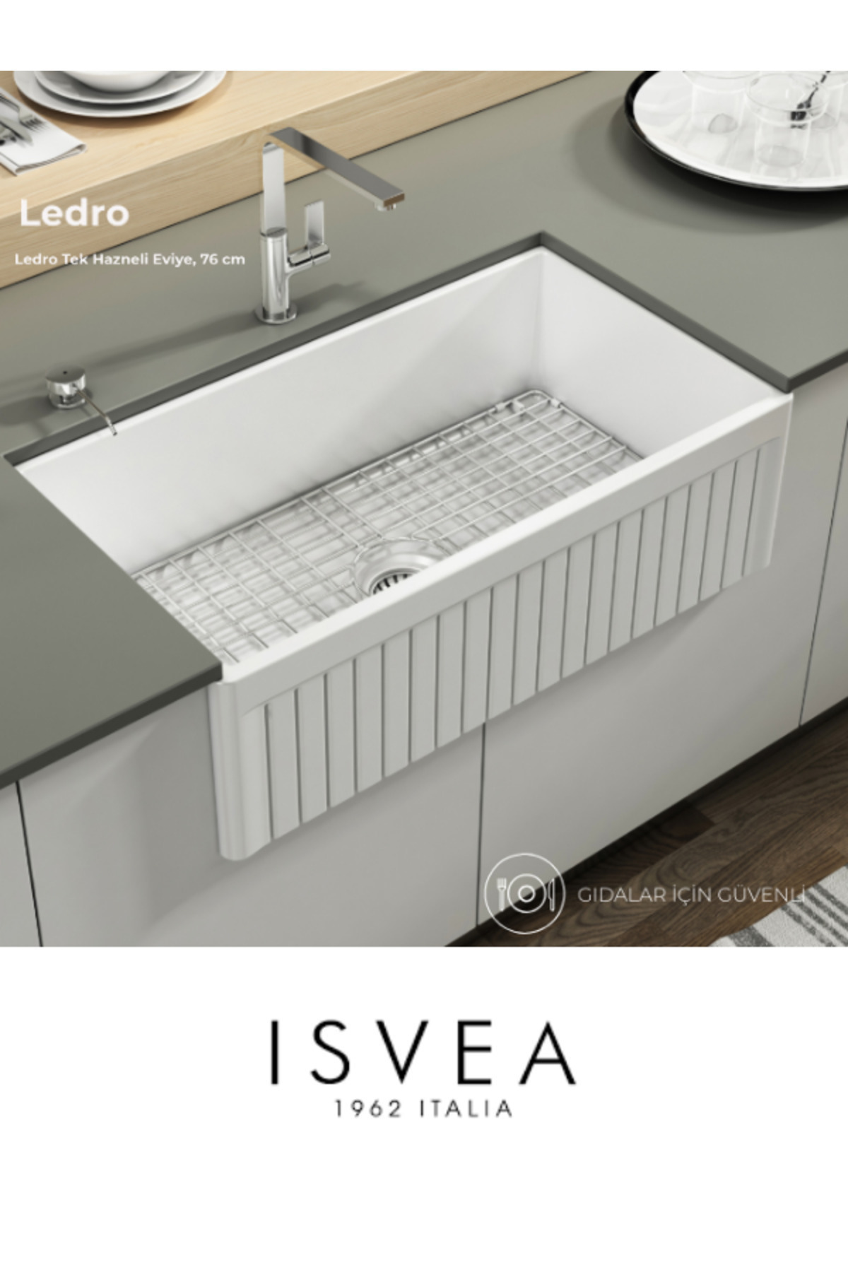 İsvea LEDRO 76cm Seramik Mutfak Eviyesi(SÜZGEÇ VE METAL IZGARA