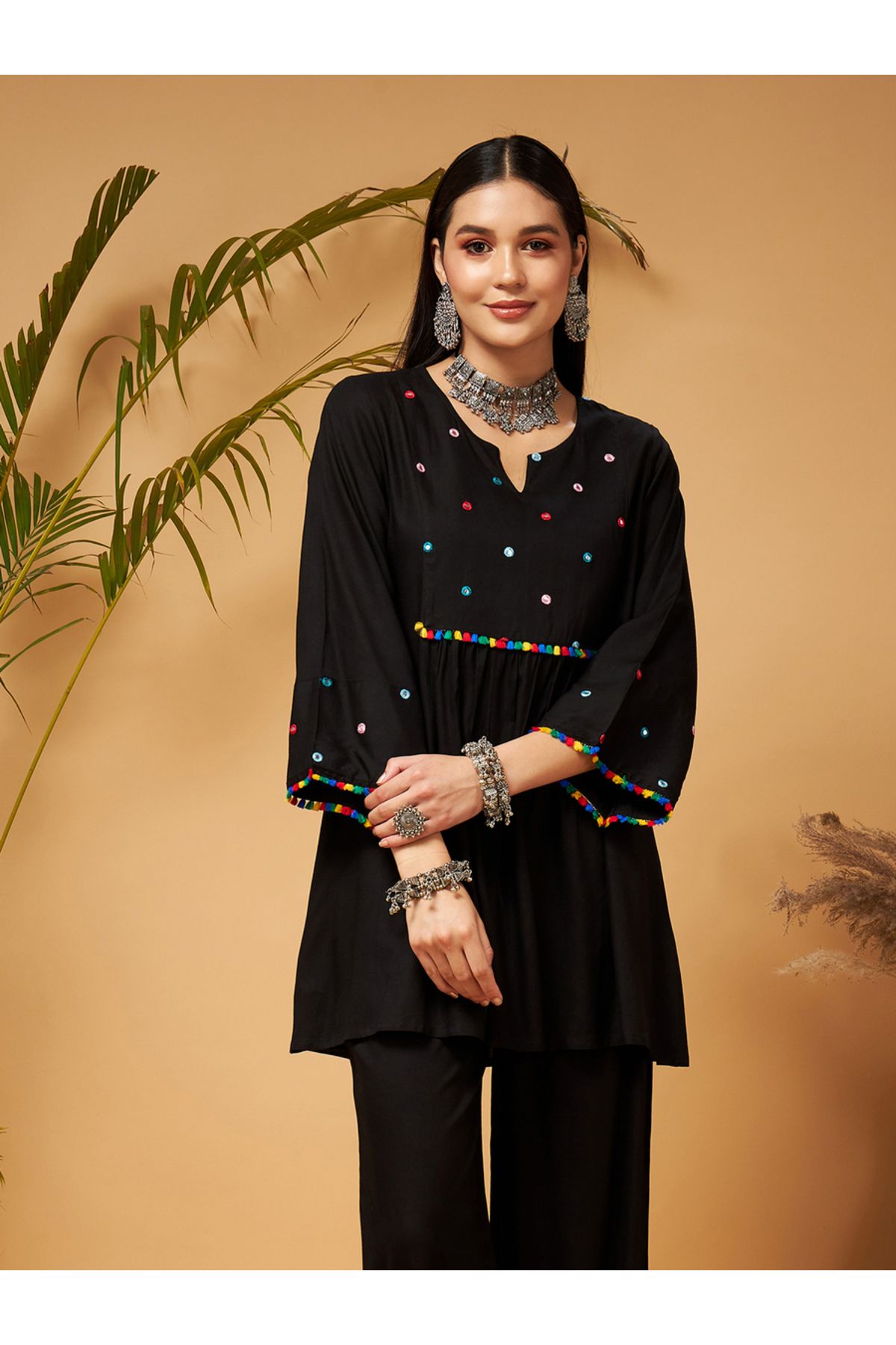 Sassafras By Styli-Mirror Work Embroidered Pom Pom Trim Kurti and Palazzos Set 7