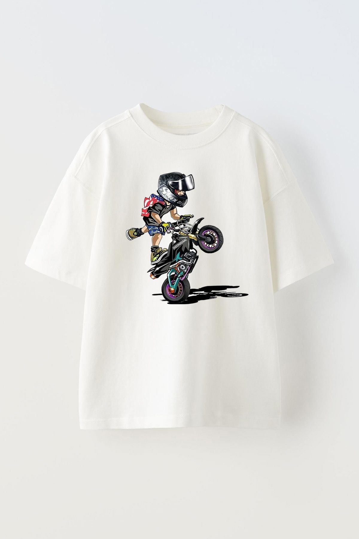 THEWERT Tricou Oversize Din Bumbac Alb - Unisex, Imprimat Cu Design Biker Unisex - M