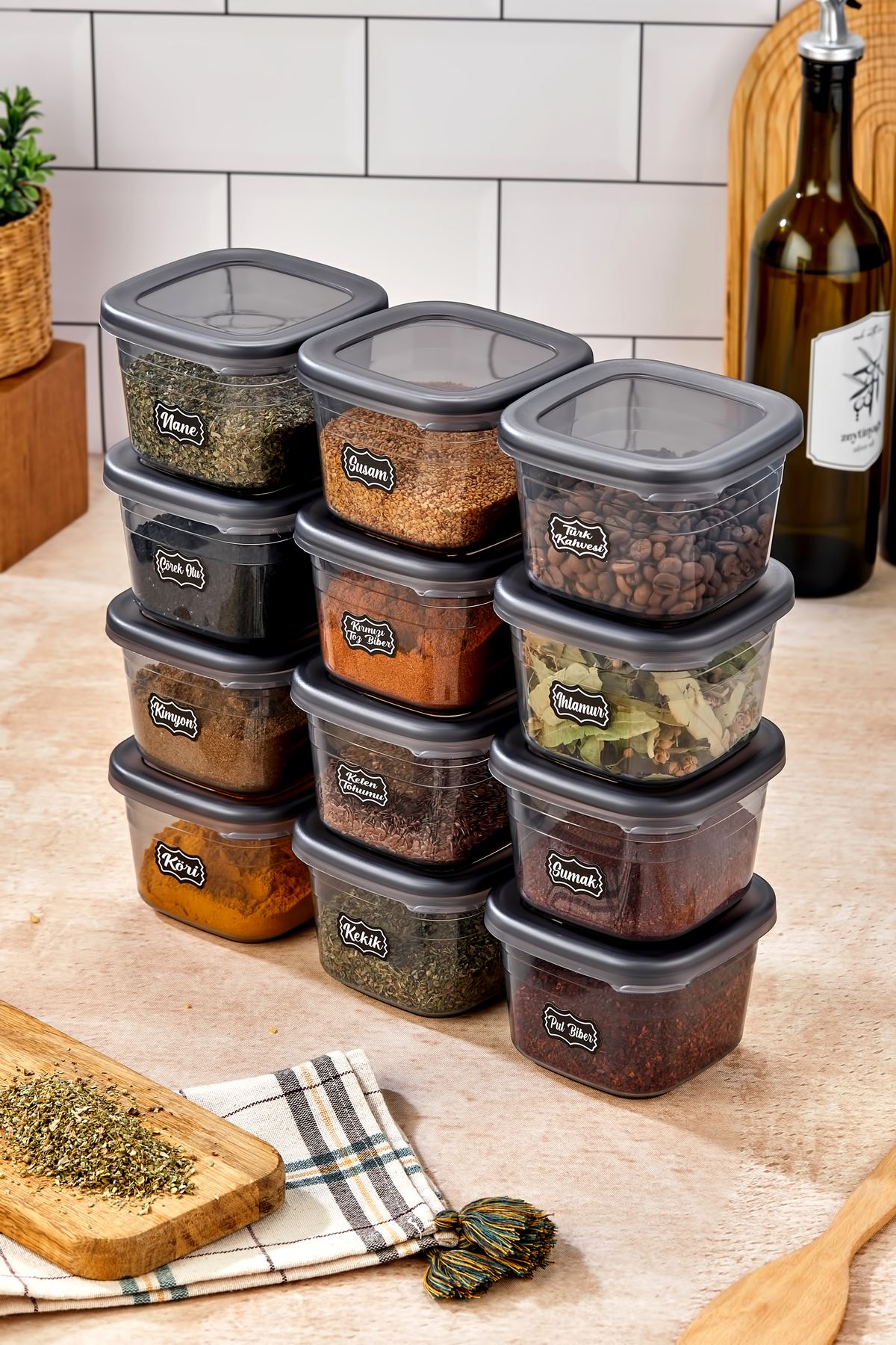 12 Adet Square Antrasit Etiketli Baharatlık Takımı - 550 ml  - 12 Li Kare 0.55 Lt