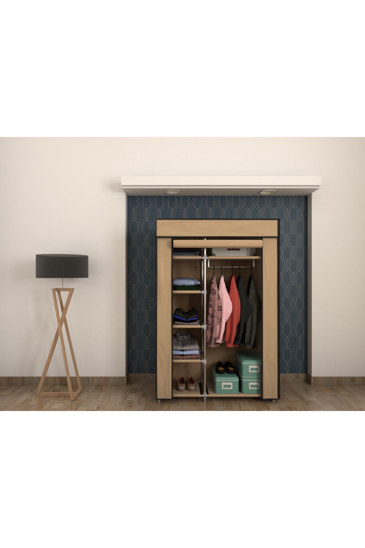 Burak Plastik Profilli Bej Tek Yandan Raflı Bez Dolap Gardırop